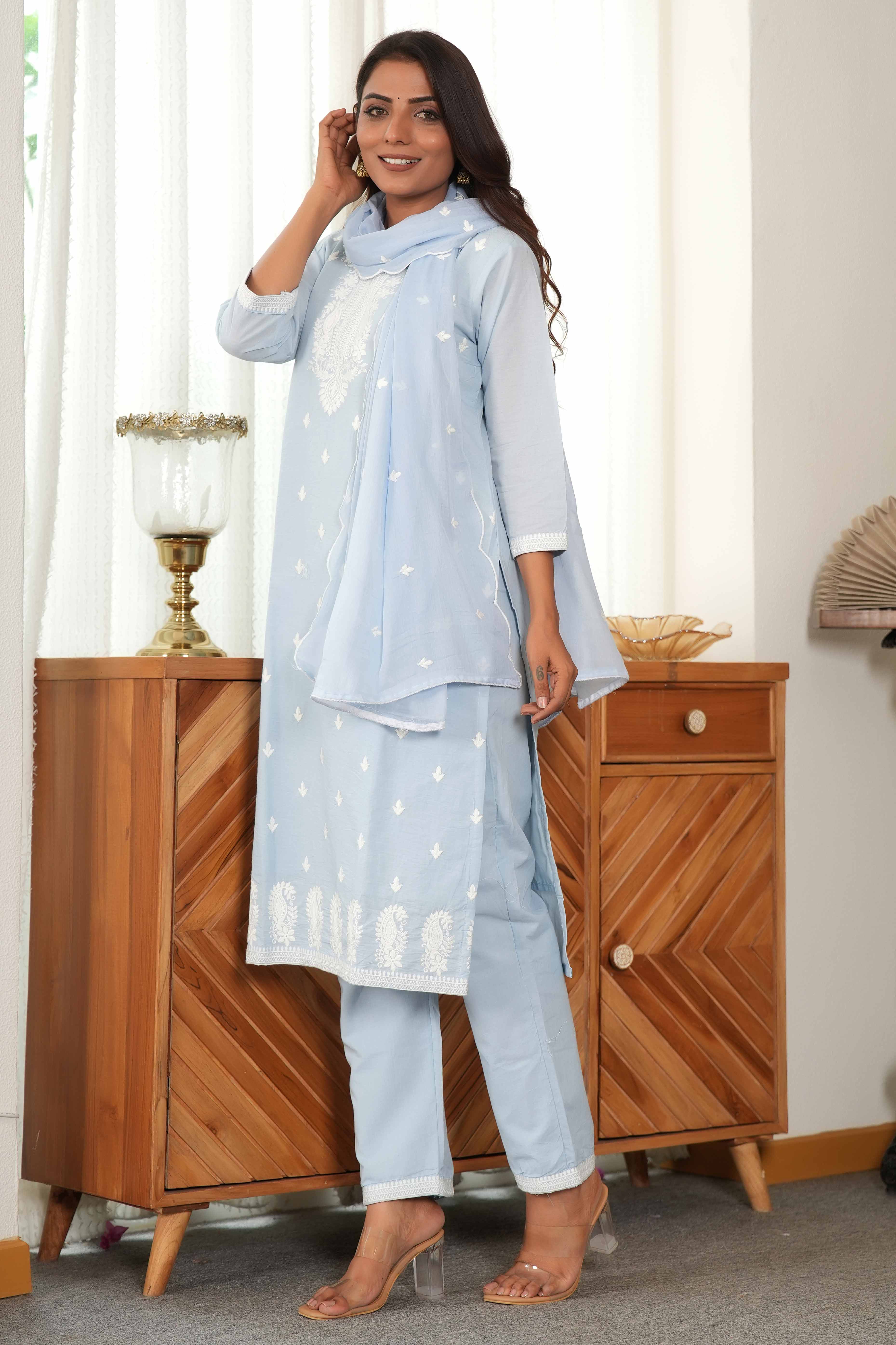 Powder Blue Cotton Suit Set Featuring Exquisite Motif Stitch Work