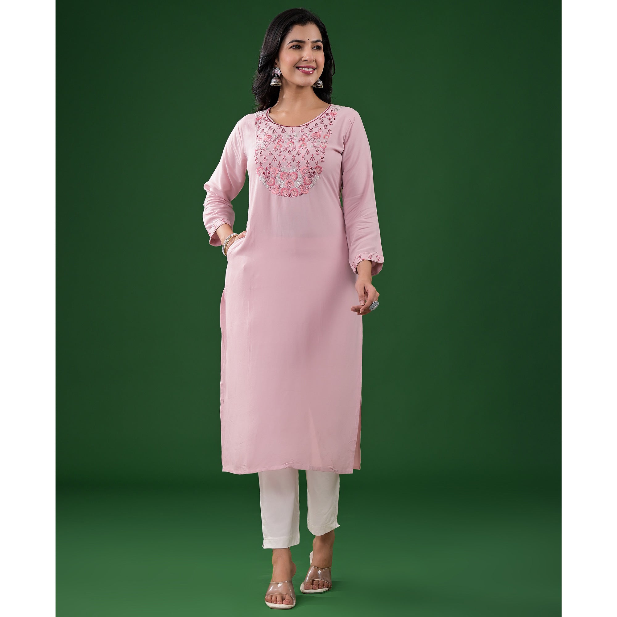 Peach Yoke Embroidered Rayon Straight Kurti