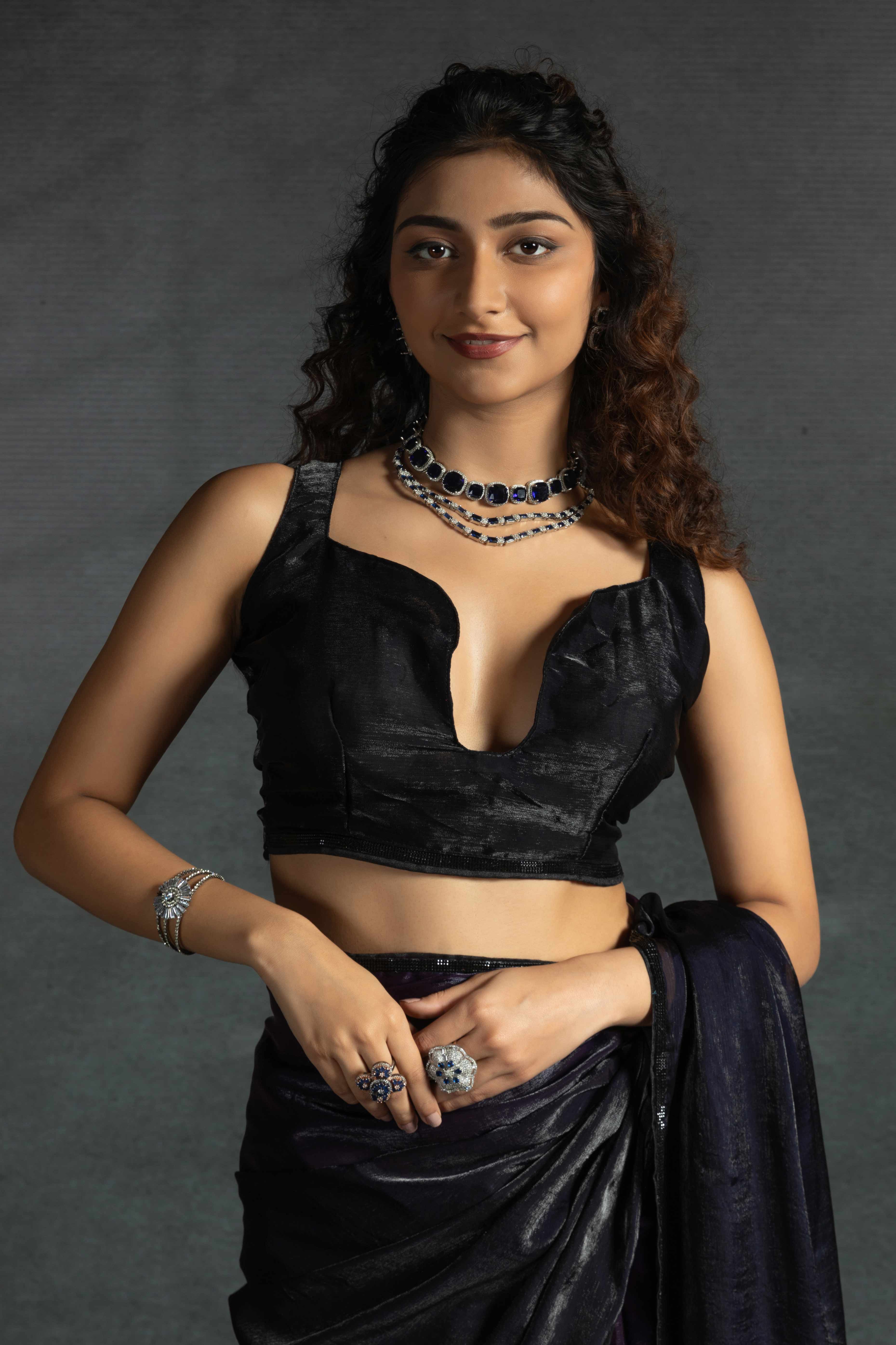 Violet Satin Ready To Wear Saree with Soft Ombre Tones and Intricate Stone Border