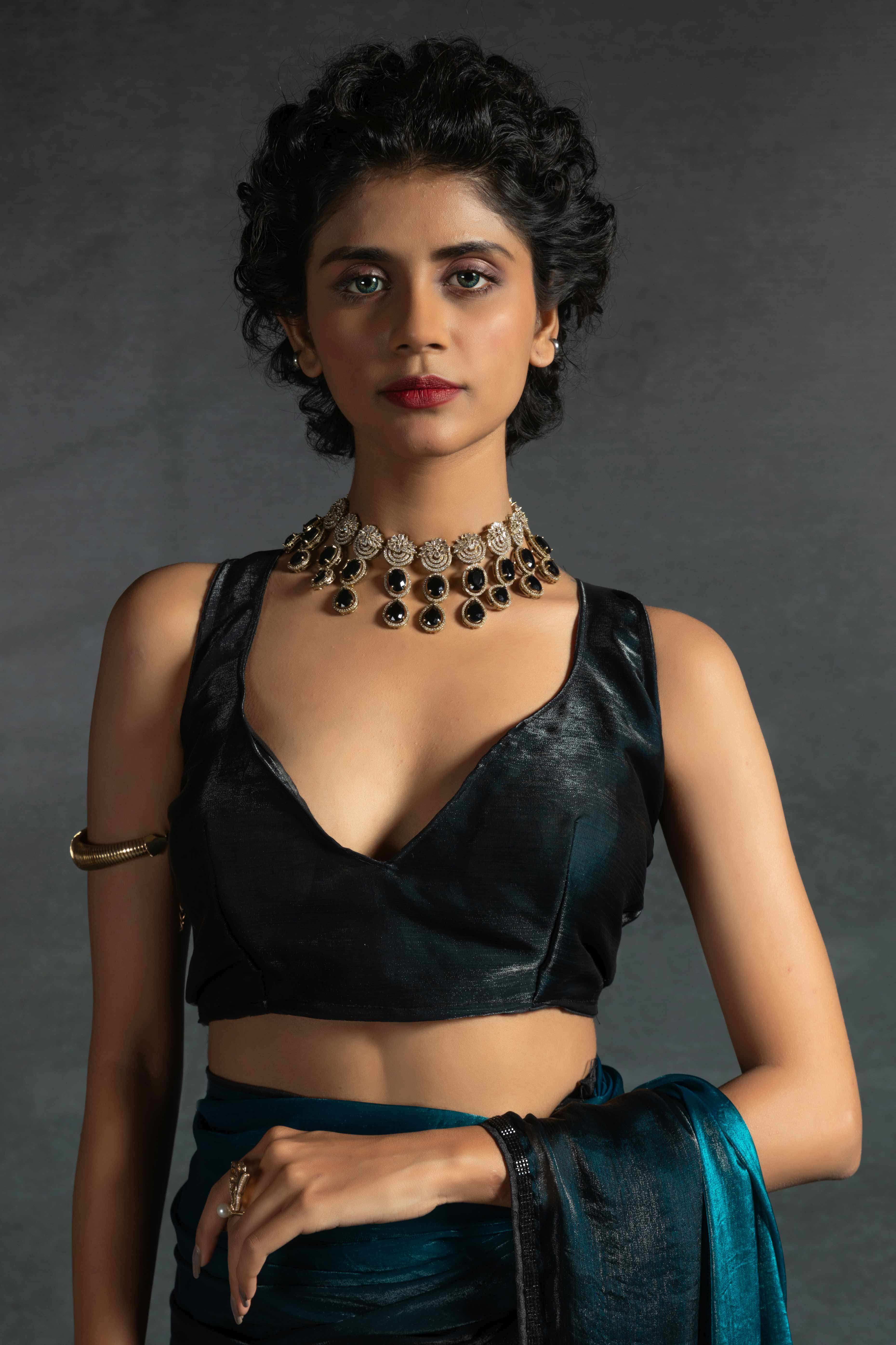 Teal Satin Ready To Wear Saree with Soft Ombre Tones and Intricate Stone Border - Image 6