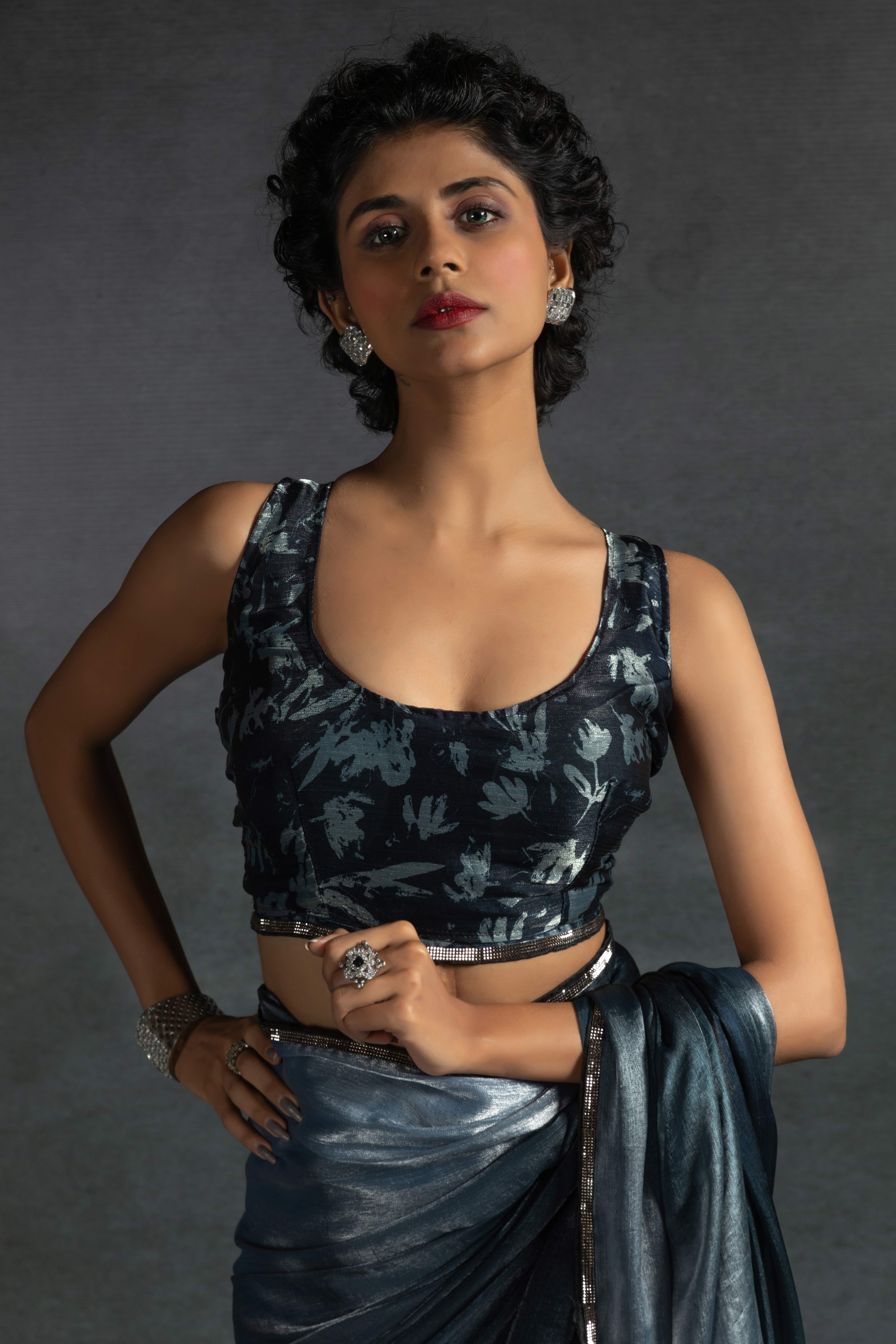 Bluish Grey Solid With Stone Work Satin Silk Ombre Ready To Wear Saree