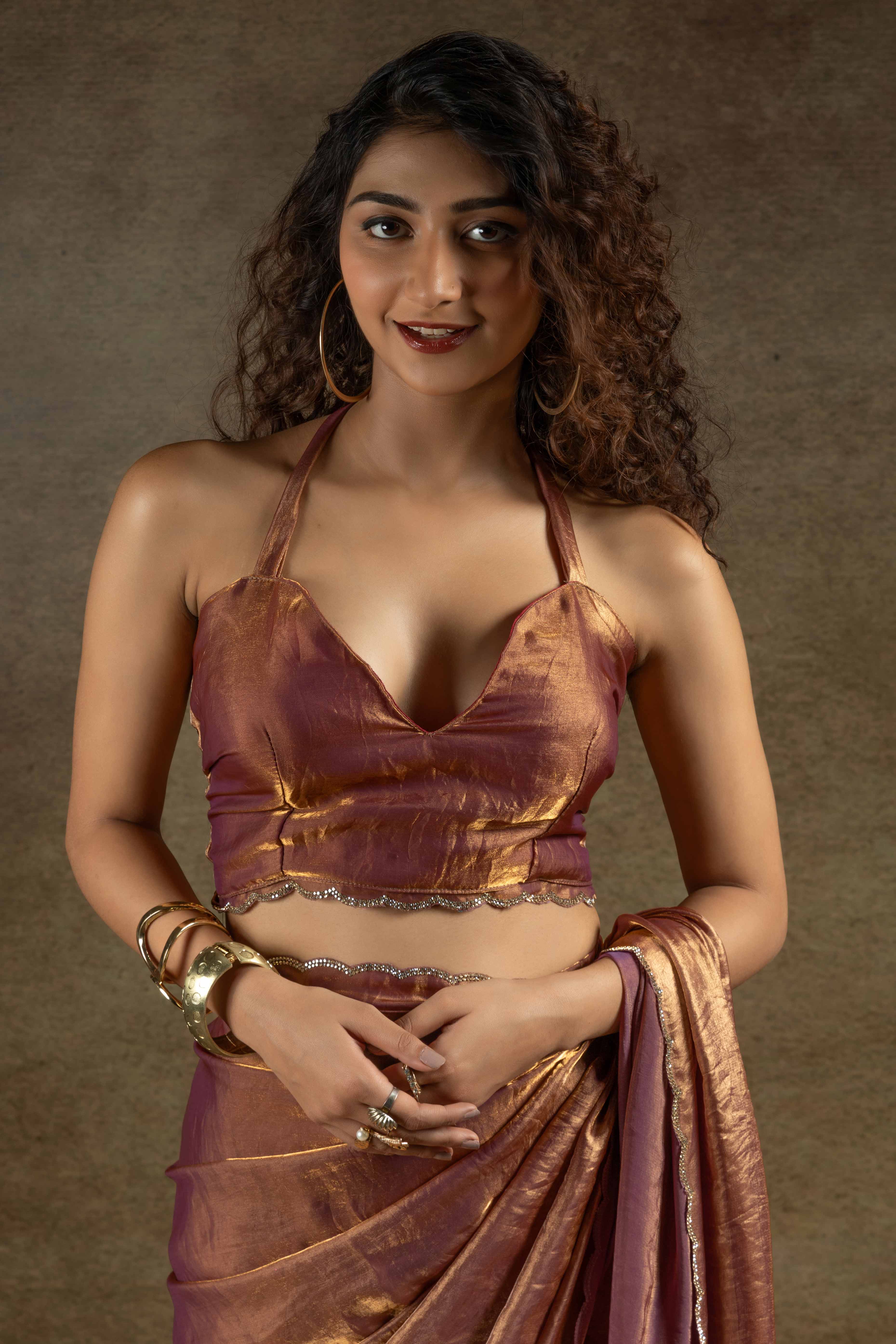 Brown Solid With Diamond Work Satin Ready To Wear Saree