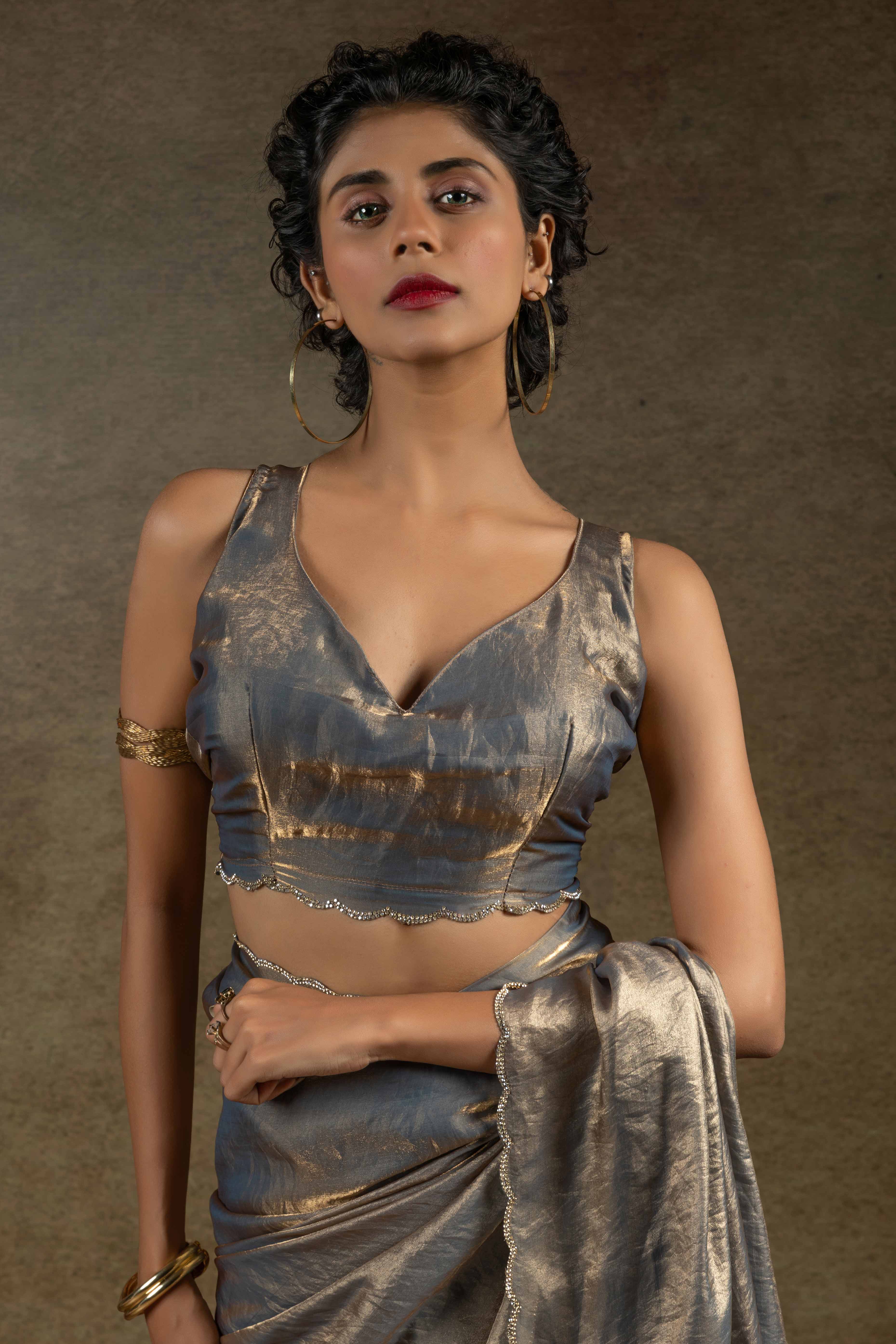 Lava Grey Solid With Diamond Work Satin Ready To Wear Saree