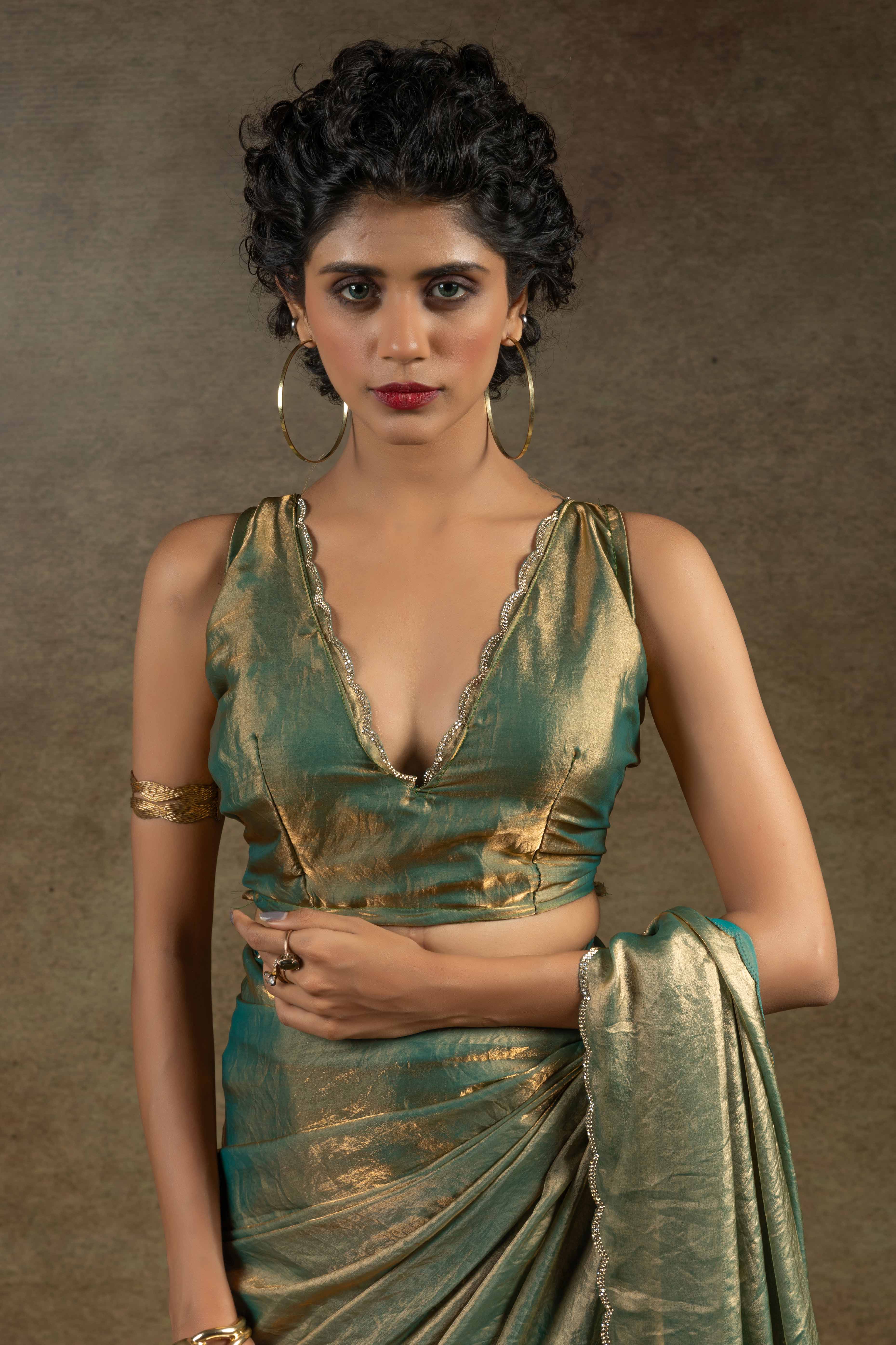 Green Solid With Diamond Work Satin Ready To Wear Saree