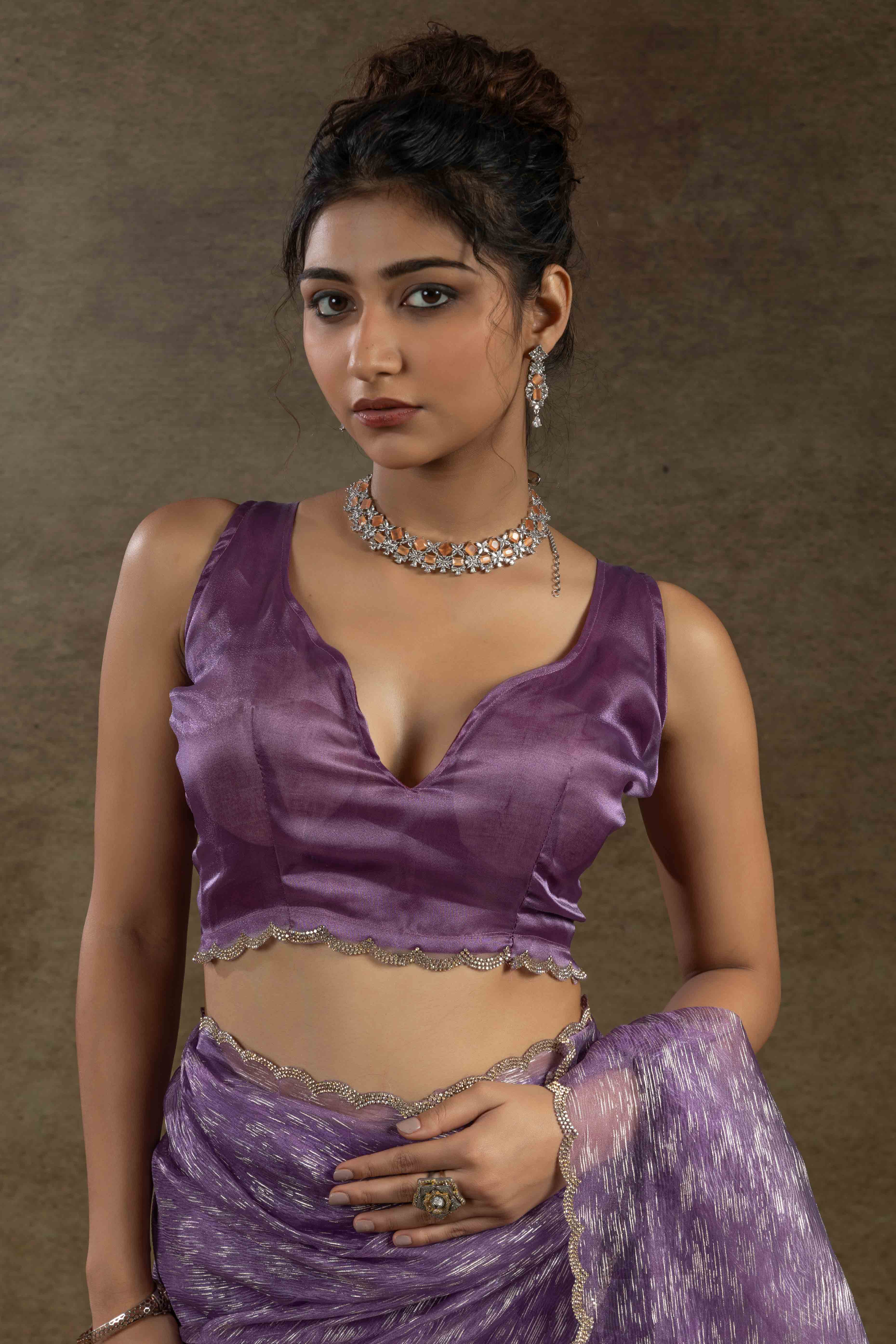 Lavender Crush Foil Print With Delicate Zarkan Border Organza Ready To Wear Saree