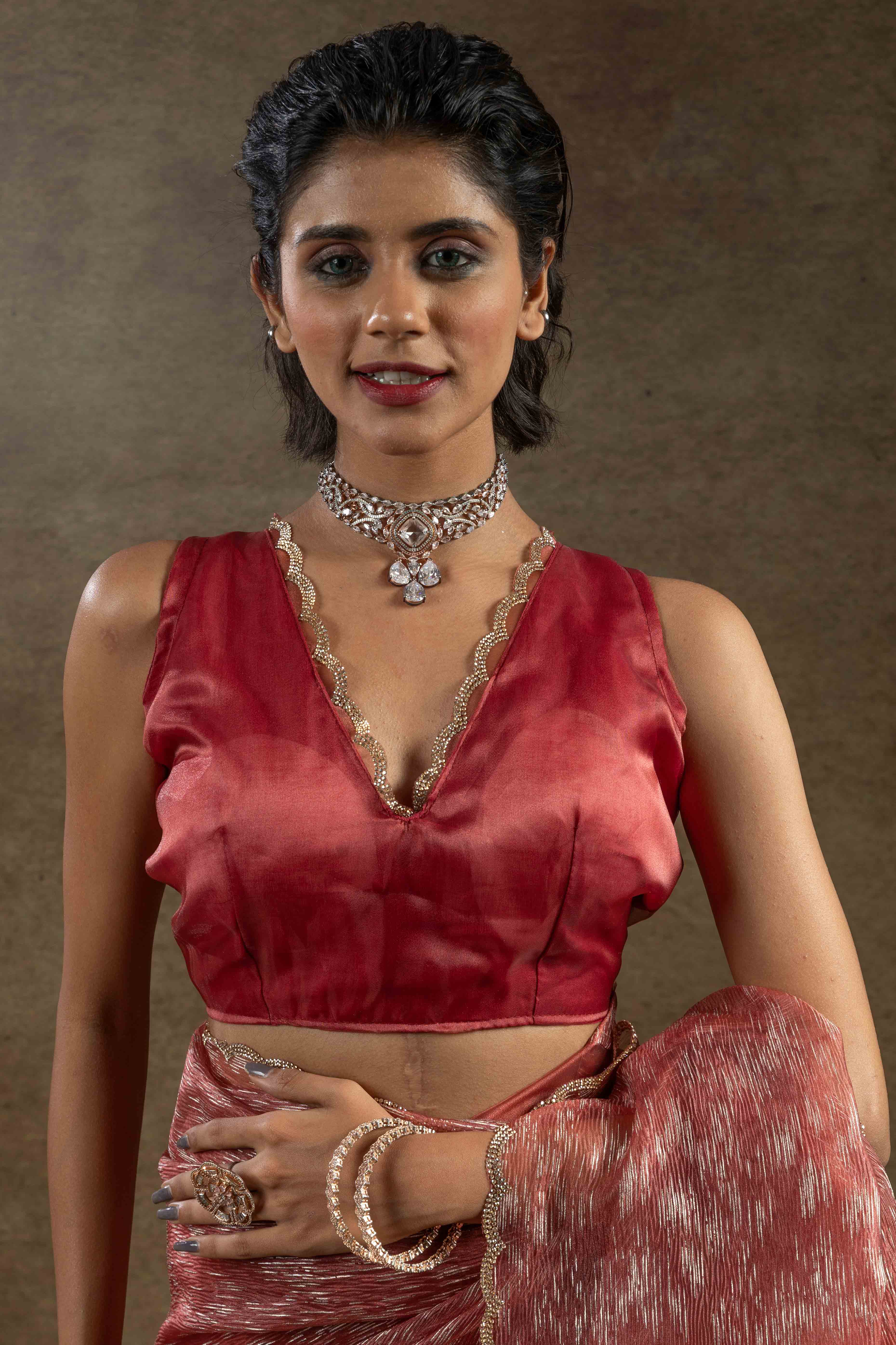 Dark Peach Crush Foil Print With Delicate Zarkan Border Organza Ready To Wear Saree