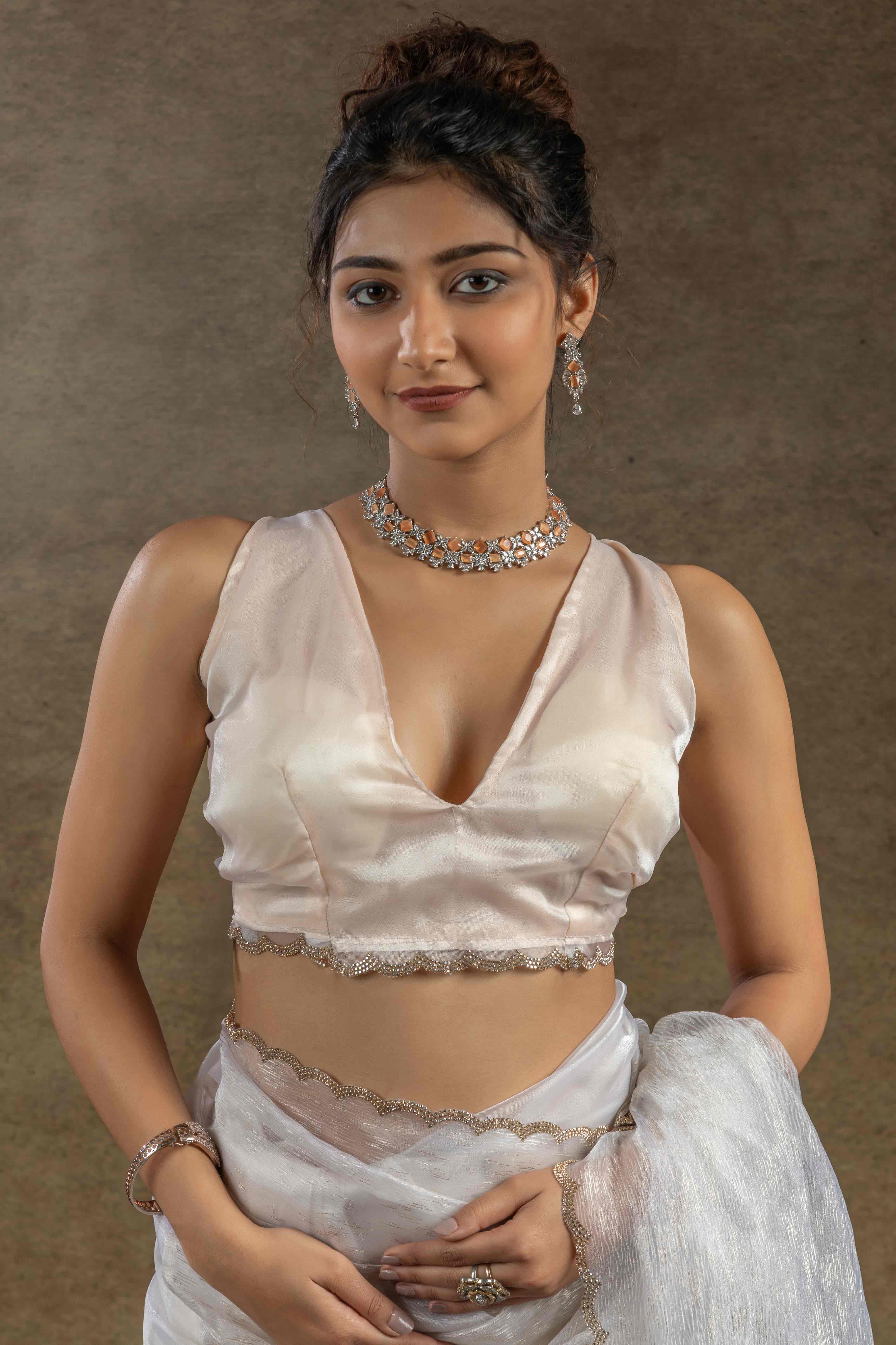 White Crush Foil Print With Delicate Zarkan Border Organza Ready To Wear Saree