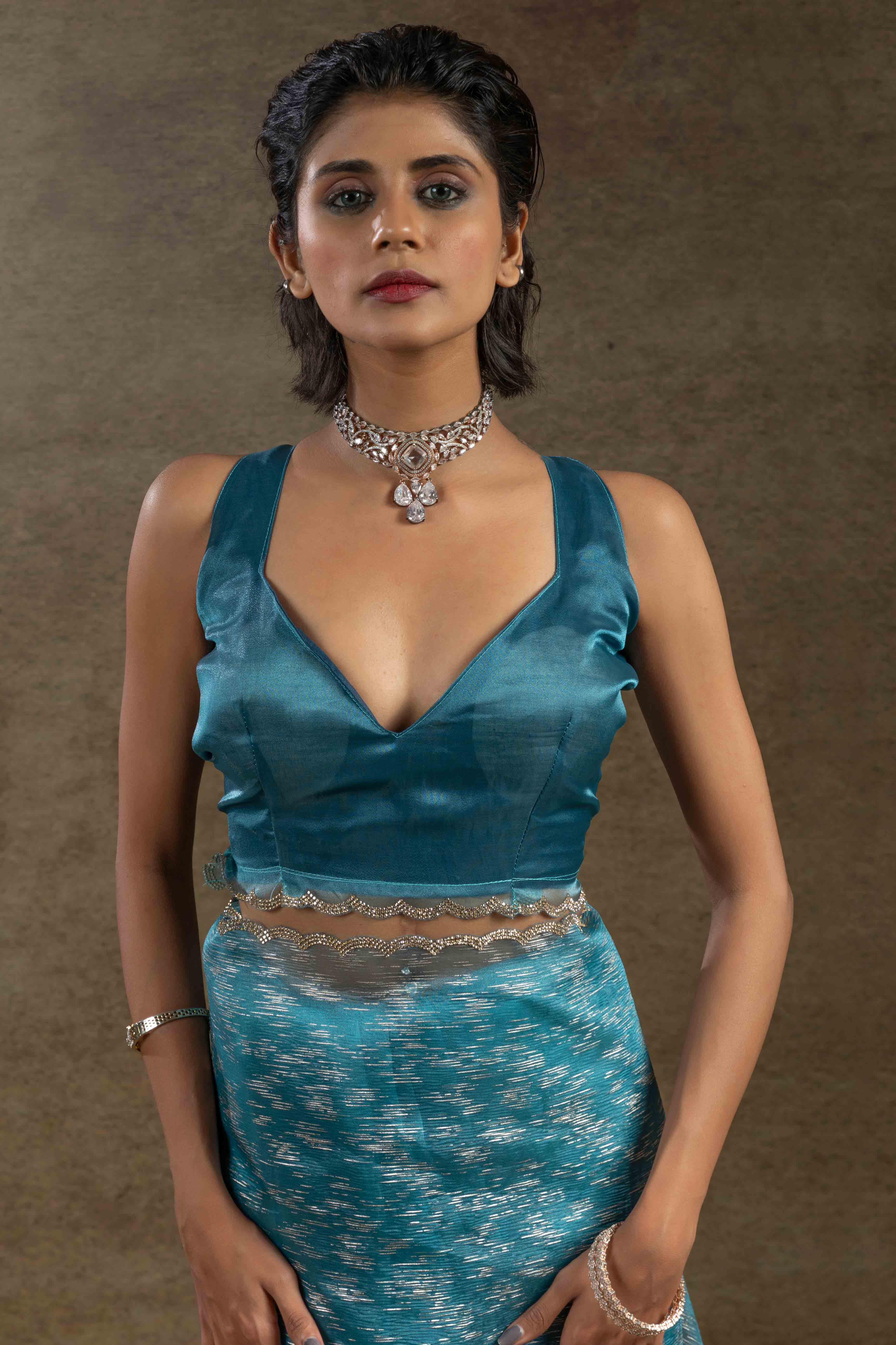 Blue Crush Foil Print With Delicate Zarkan Border Organza Ready To Wear Saree