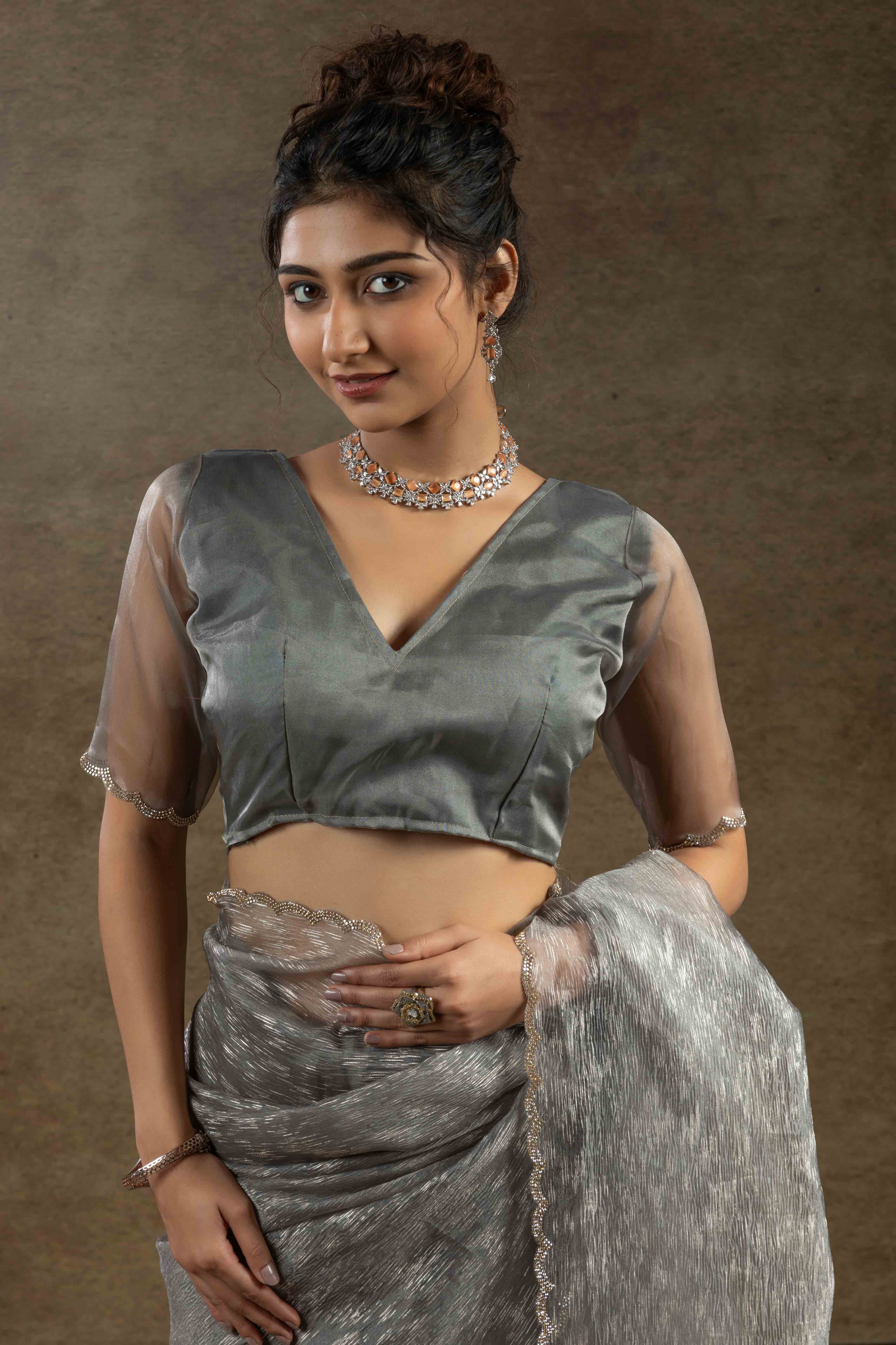 Grey Crush Foil Print With Delicate Zarkan Border Organza Ready To Wear Saree