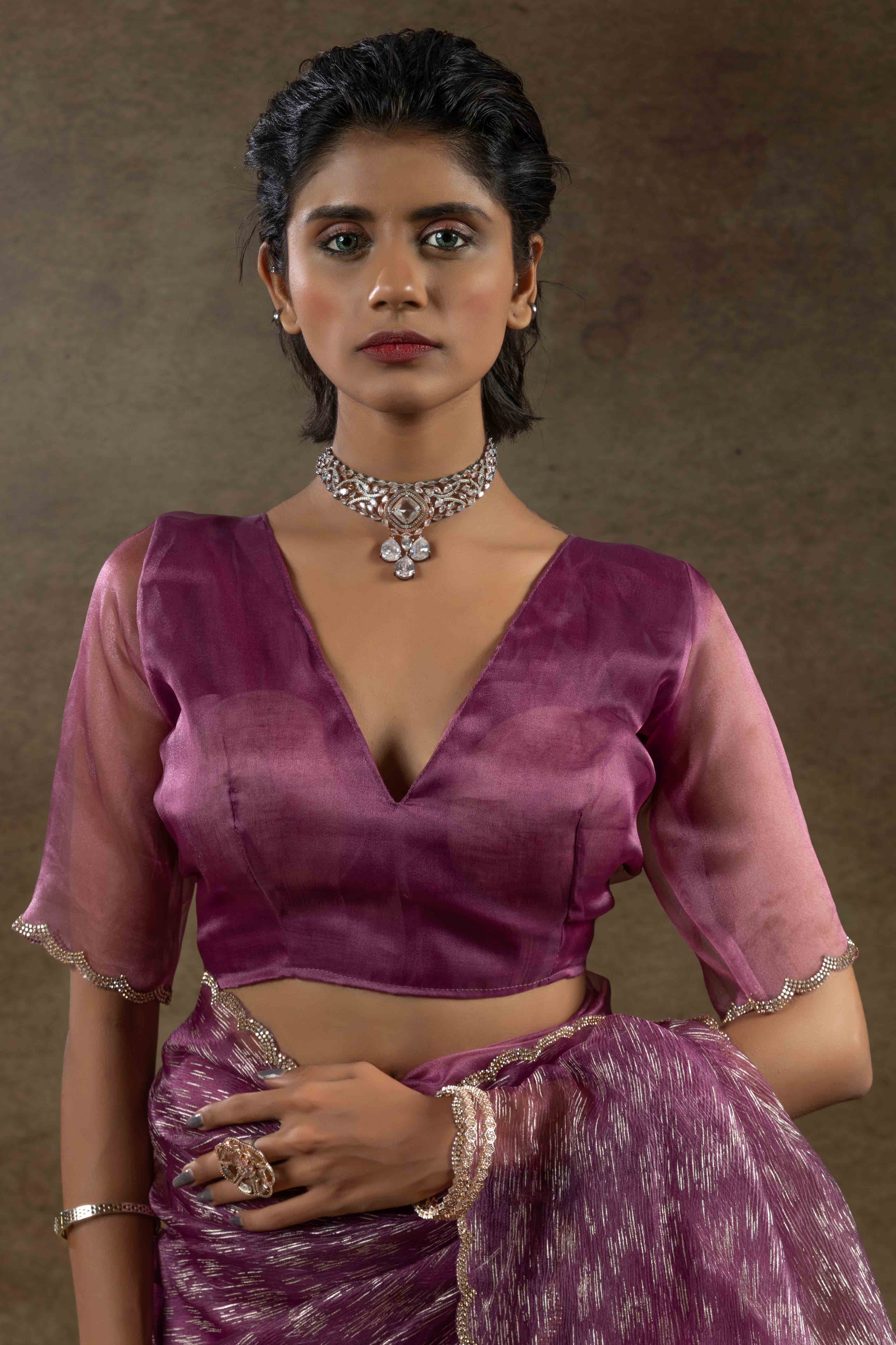 Purple Crush Foil Print With Delicate Zarkan Border Organza Ready To Wear Saree