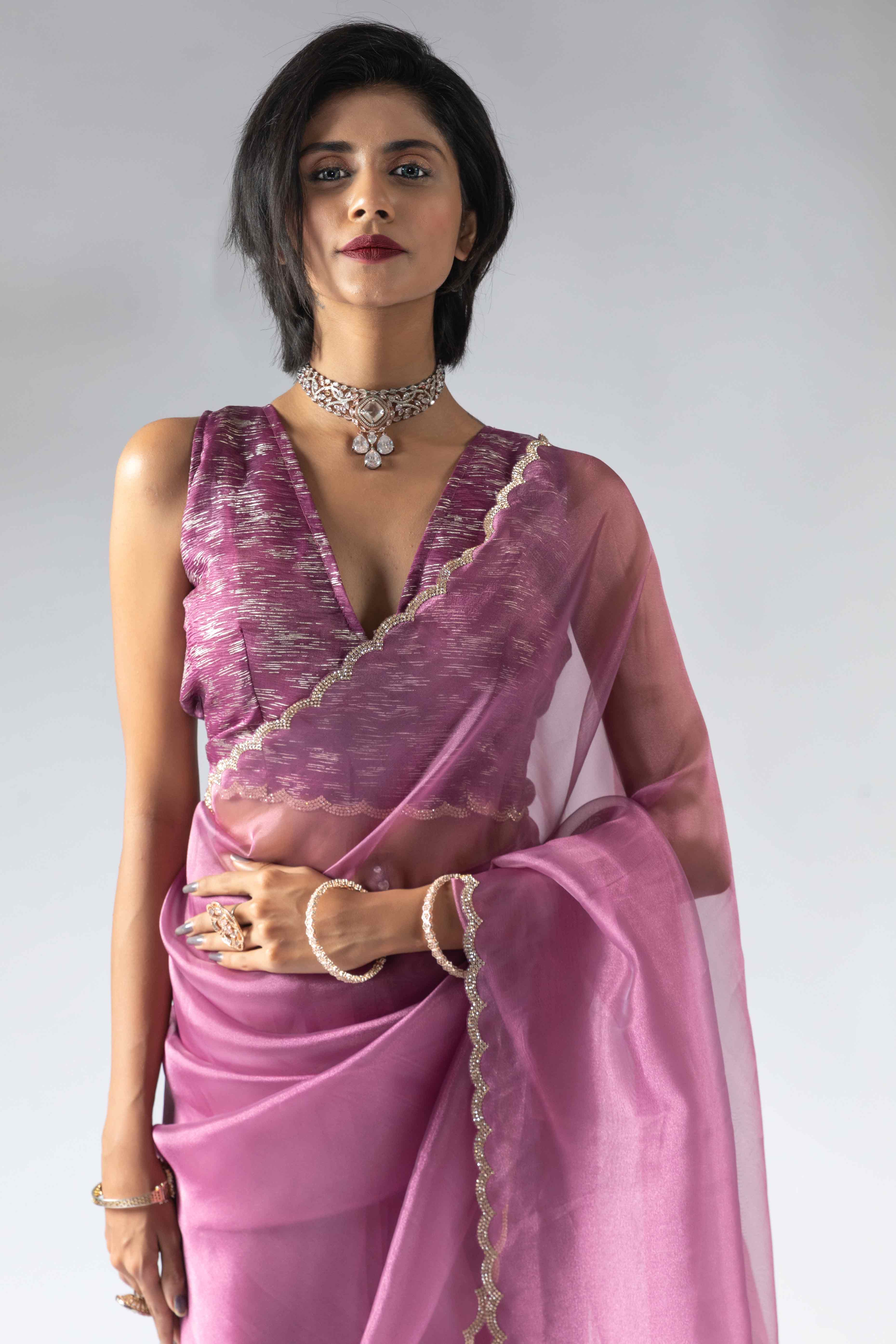 Helio Violet Solid With Intricate Zarkan Border Organza Ready To Wear Saree