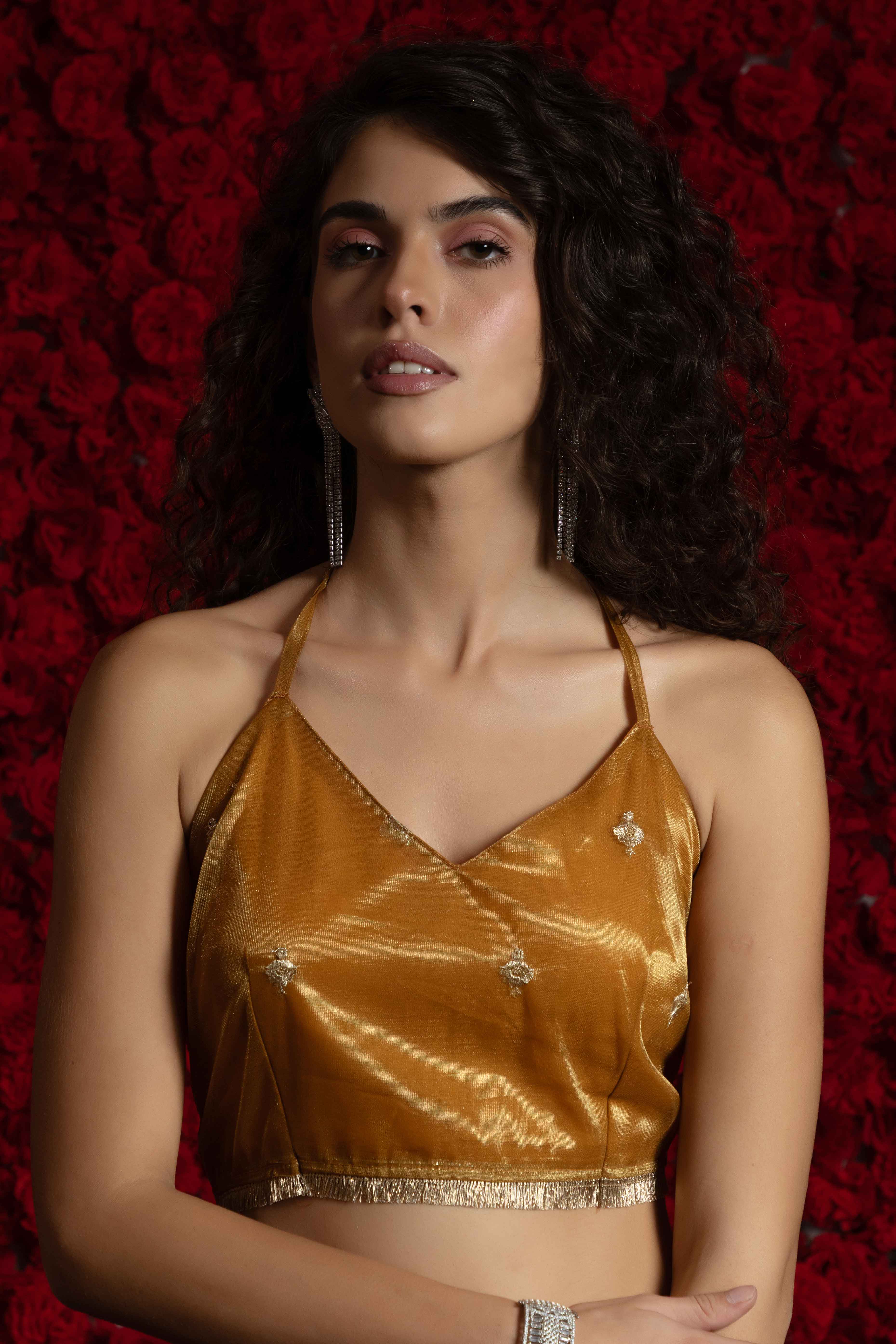 Golden Brown Floral Zari Embroidered Net Organza Saree with Intricate Handwork Lace Border