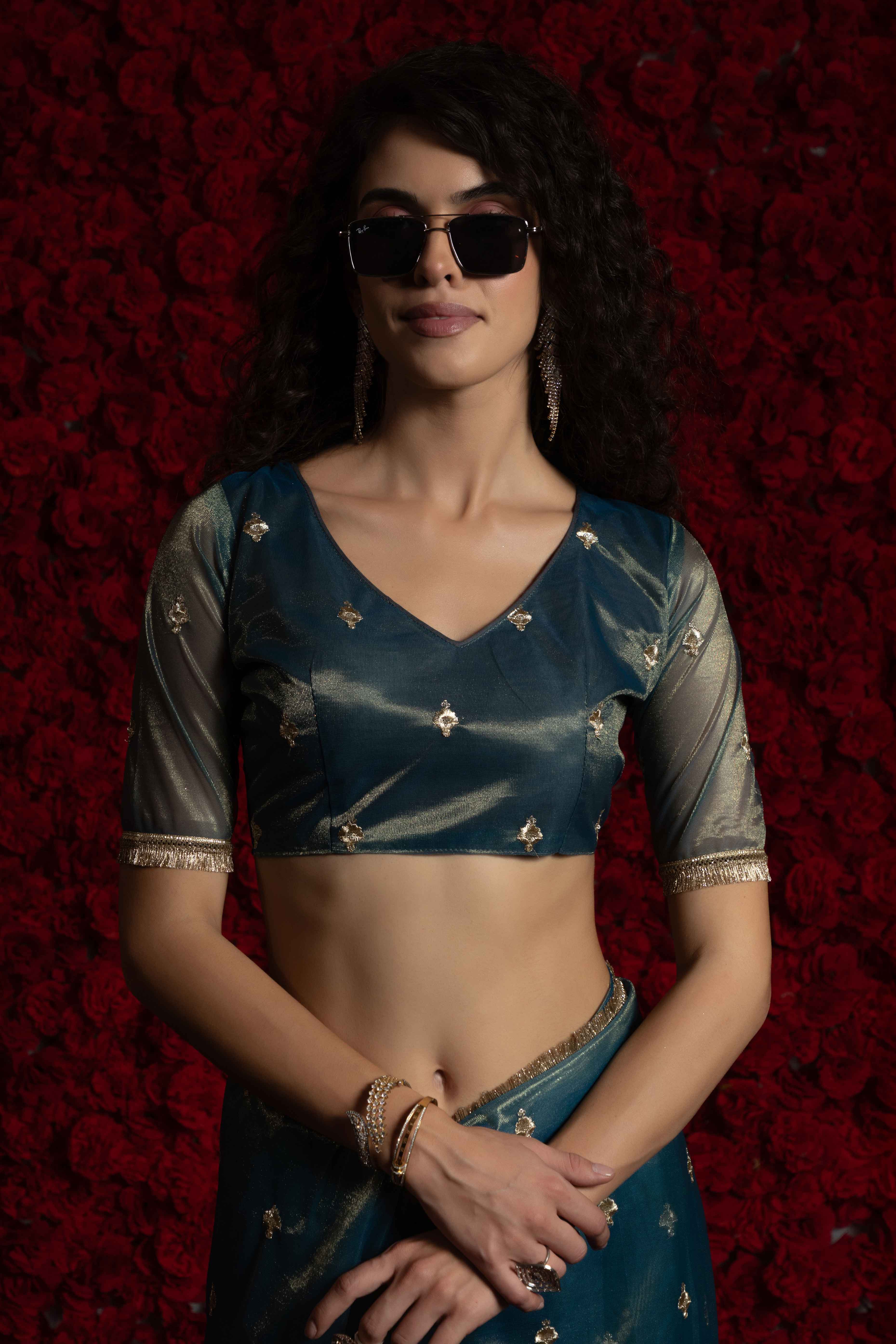 Teal Floral Zari Embroidered Net Organza Saree with Intricate Handwork Lace Border