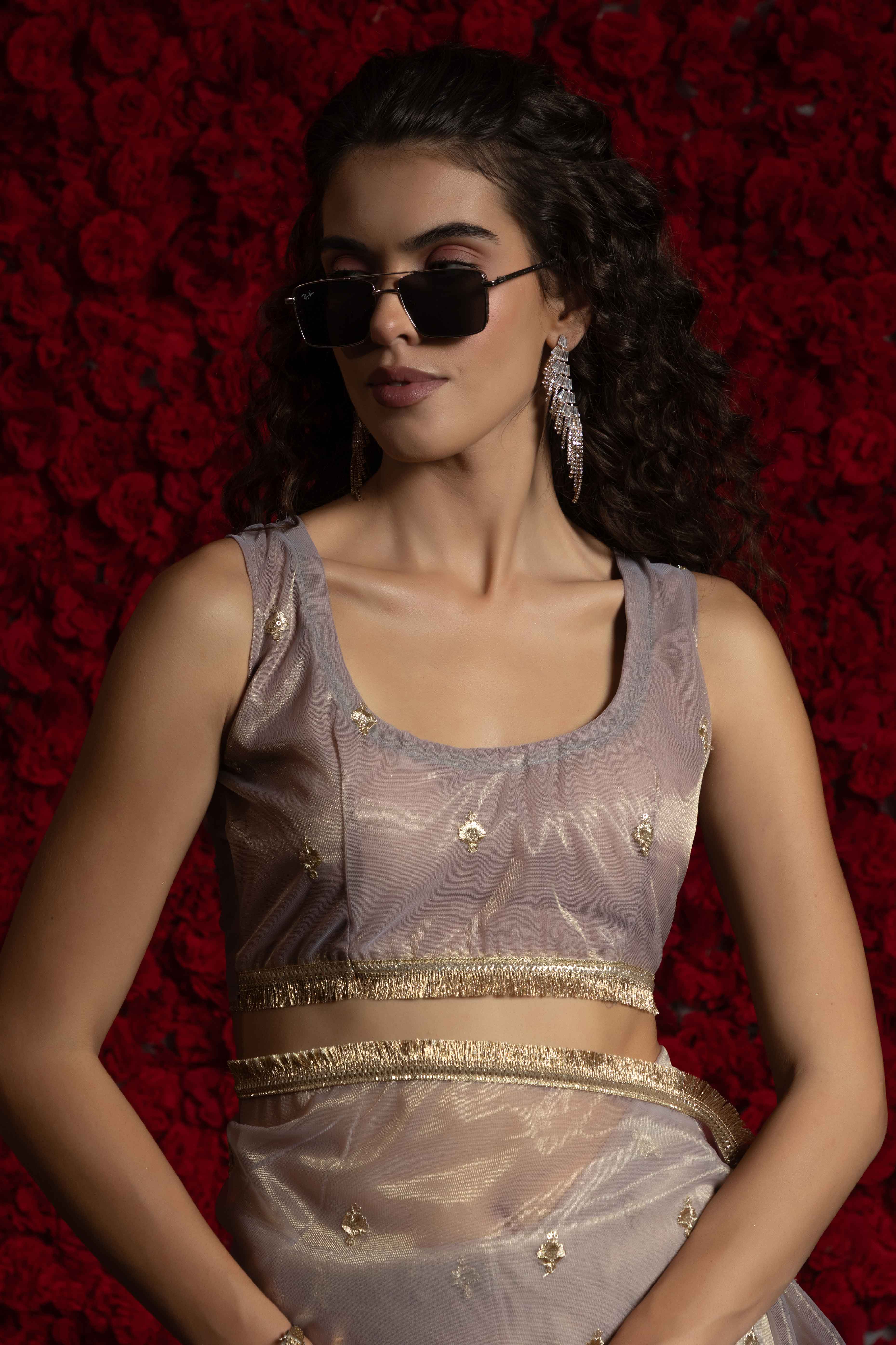 Light Grey Floral Zari Embroidered Net Organza Saree with Intricate Handwork Lace Border