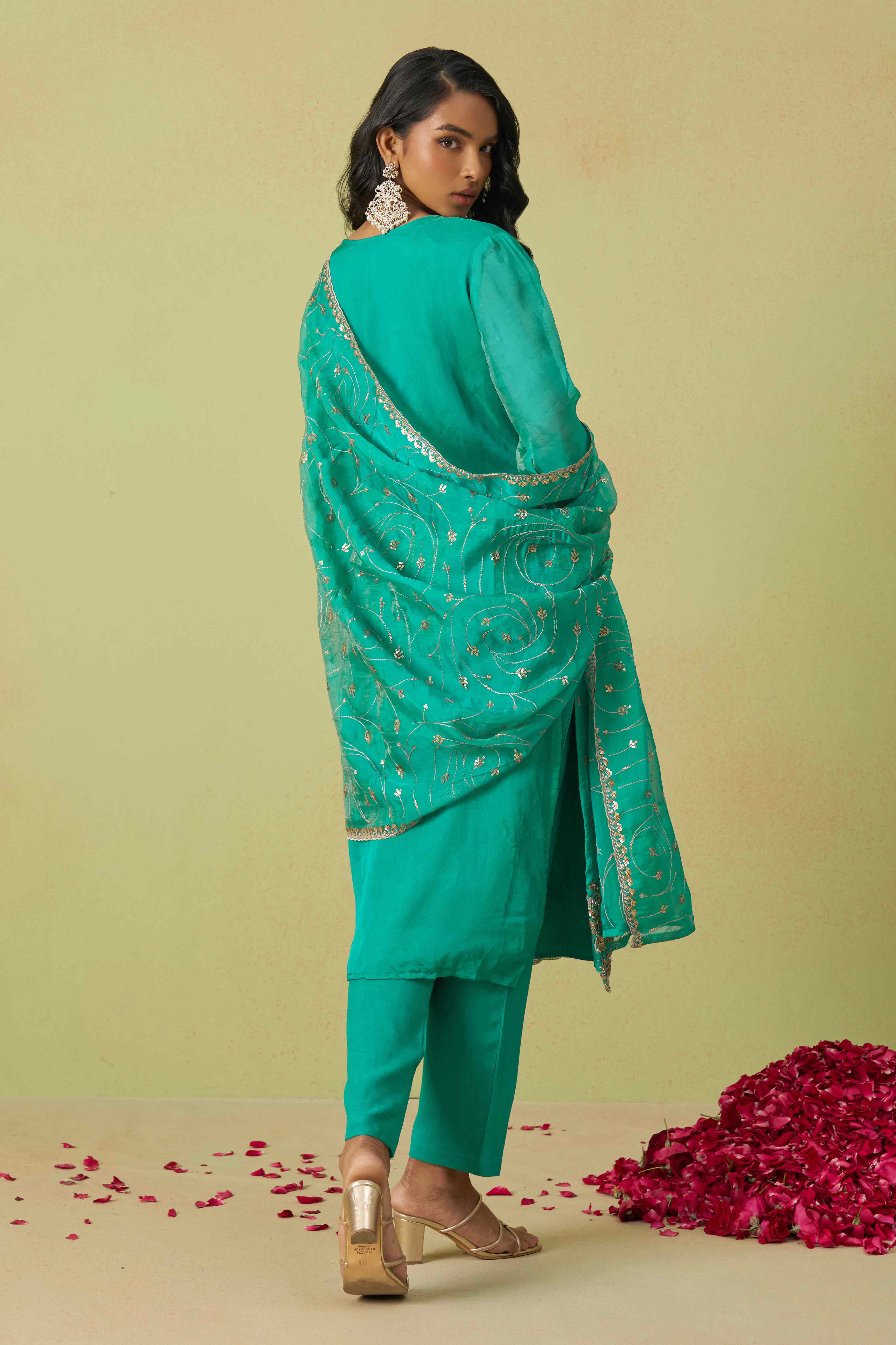 Turquoise Sequins Embroidery With Stonework Organza Shimmer Semi Stitched Suit