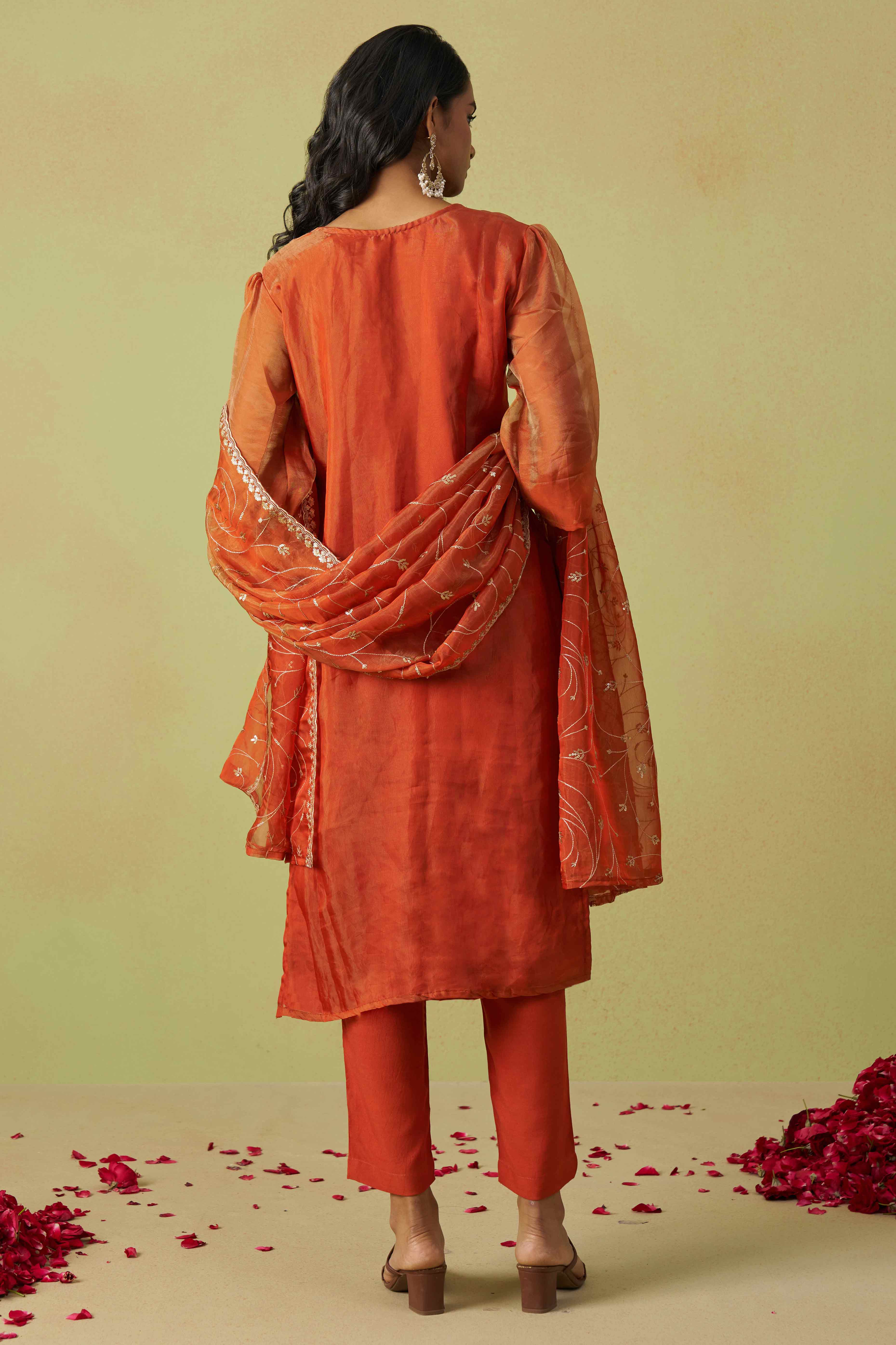 Rust Orange Sequins Embroidery With Stonework Organza Shimmer Semi Stitched Suit