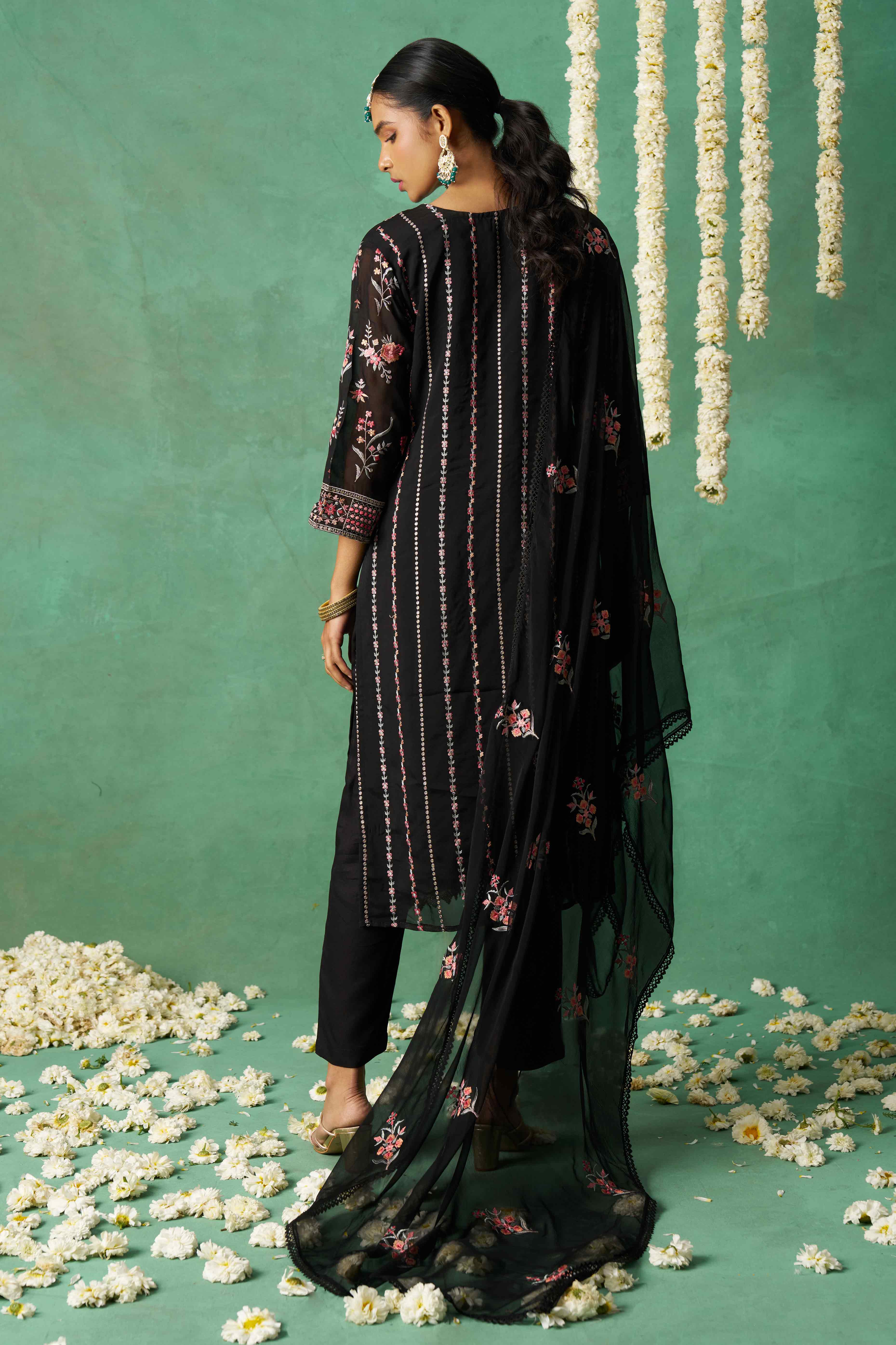 Black Floral Sequins Embroidered Organza Semi Stitched Suit