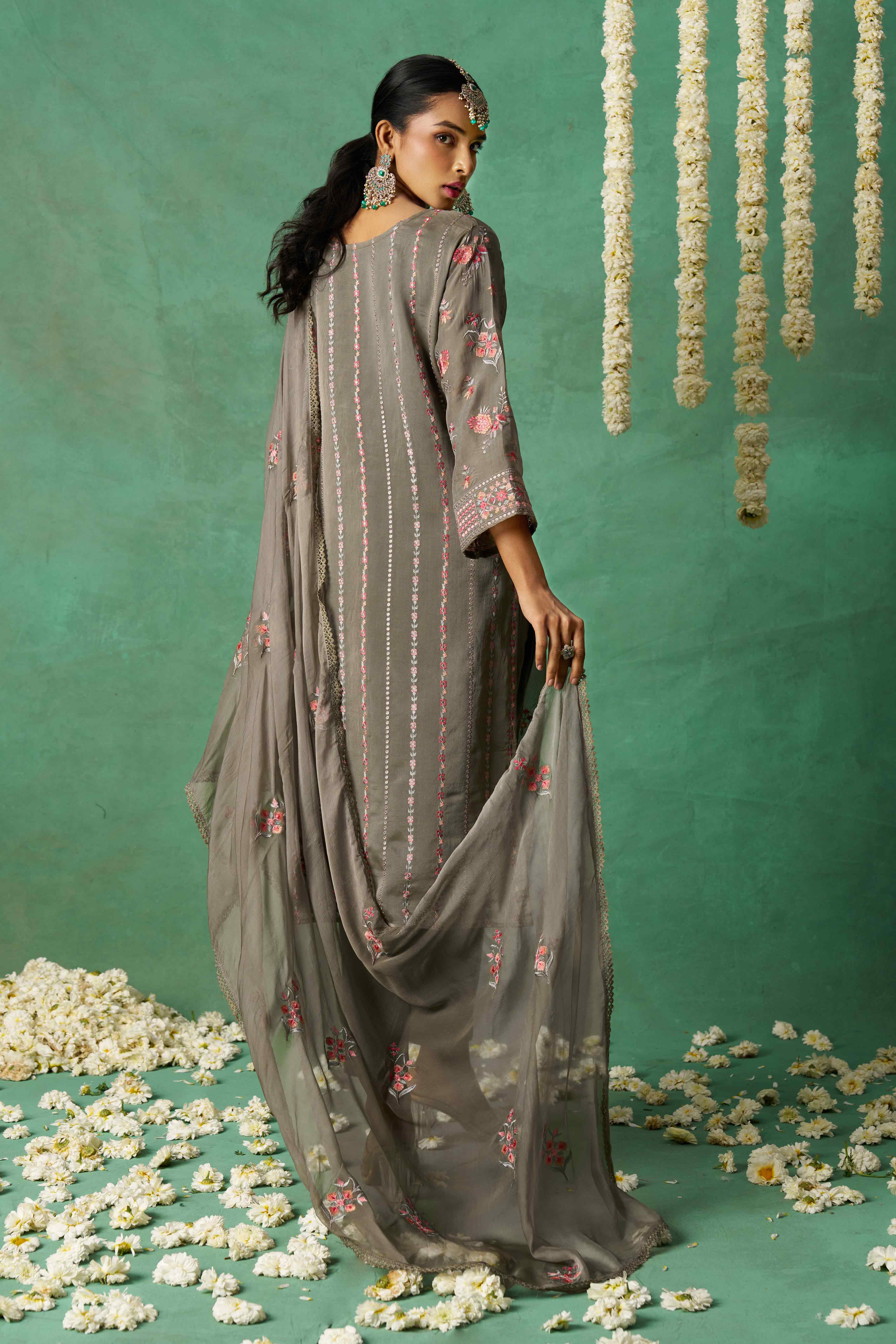 Grey Floral Sequins Embroidered Organza Semi Stitched Suit