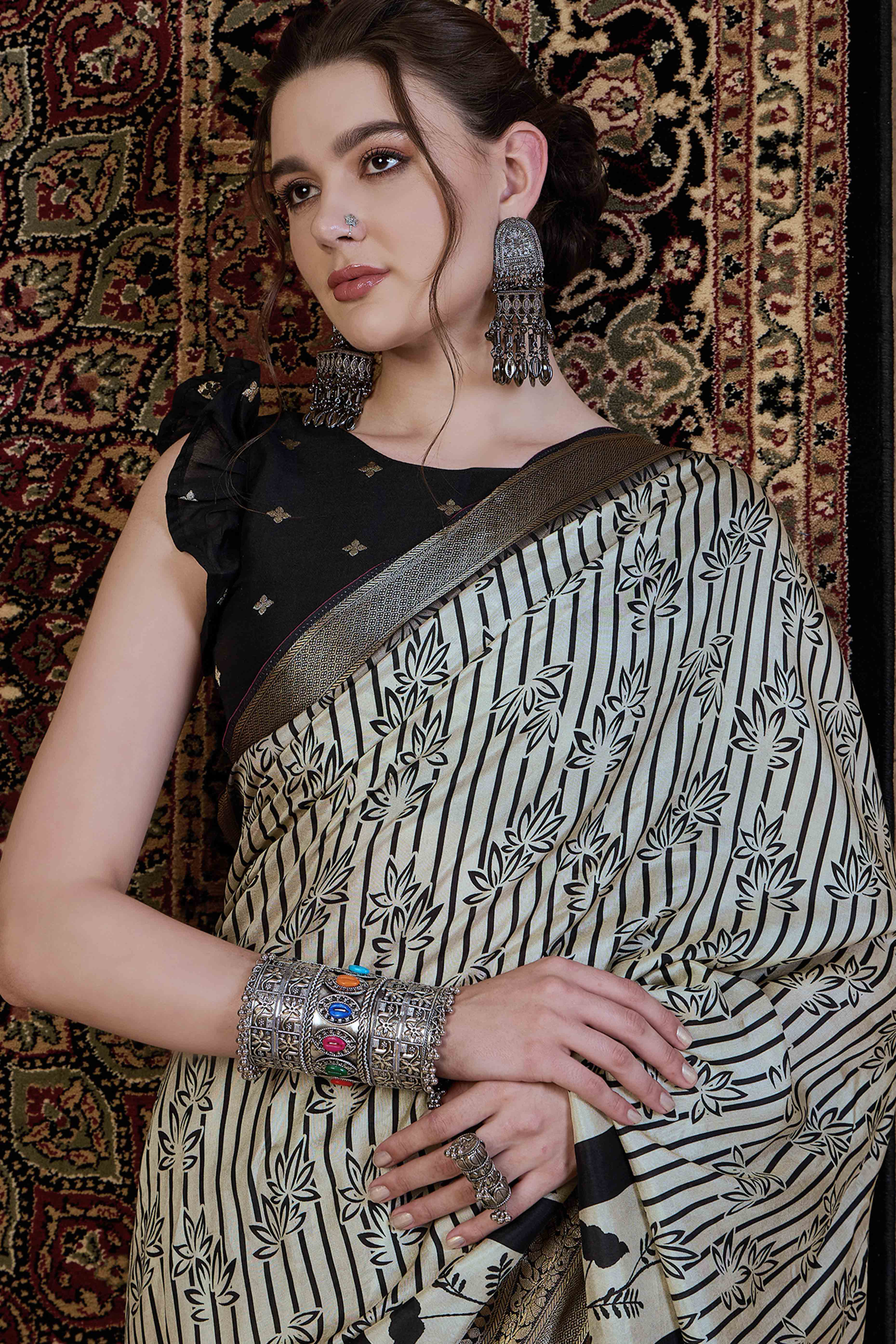 Off White & Black Floral Printed Viscose Saree