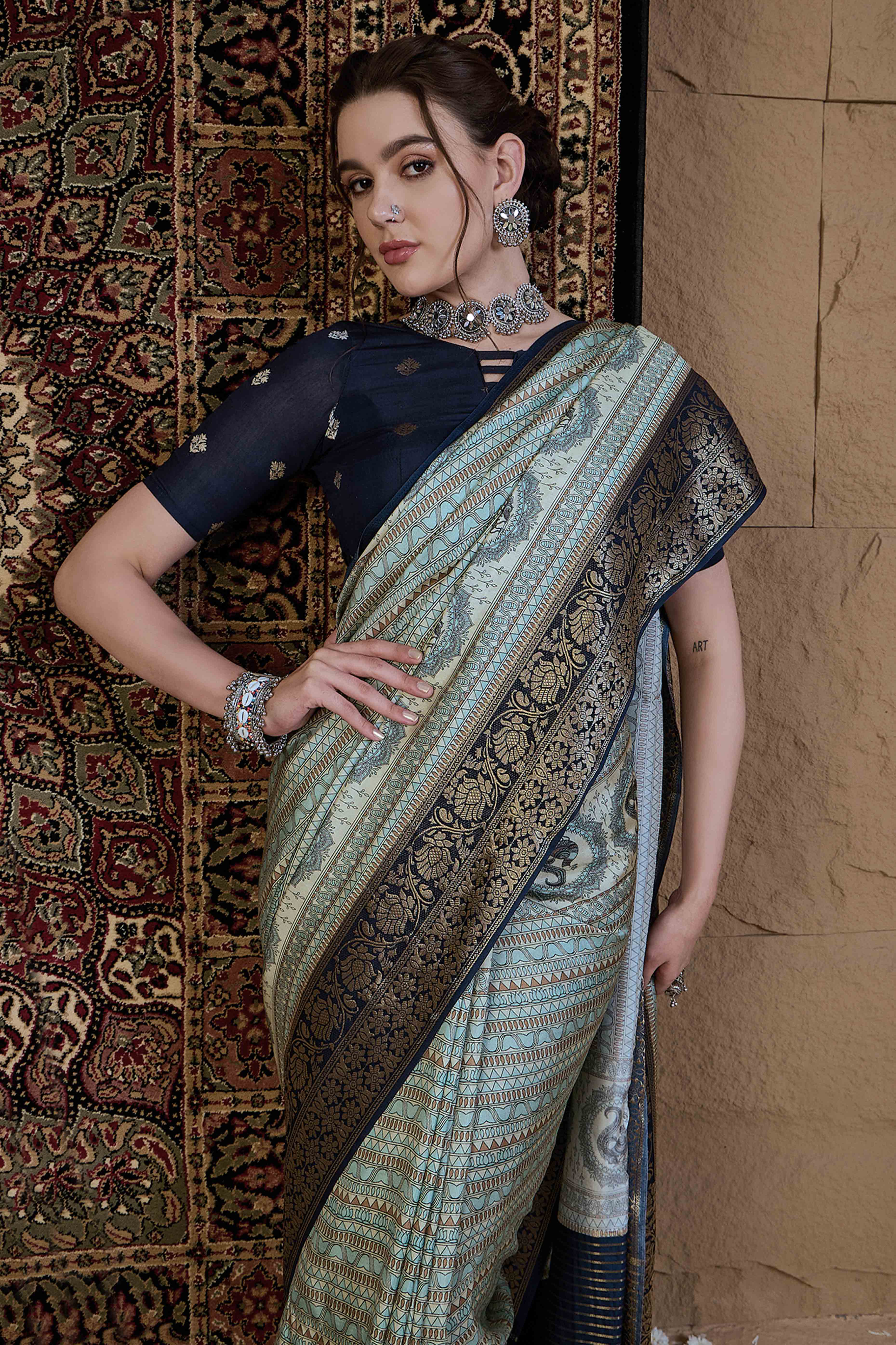 Sky Blue Floral Printed Viscose Saree