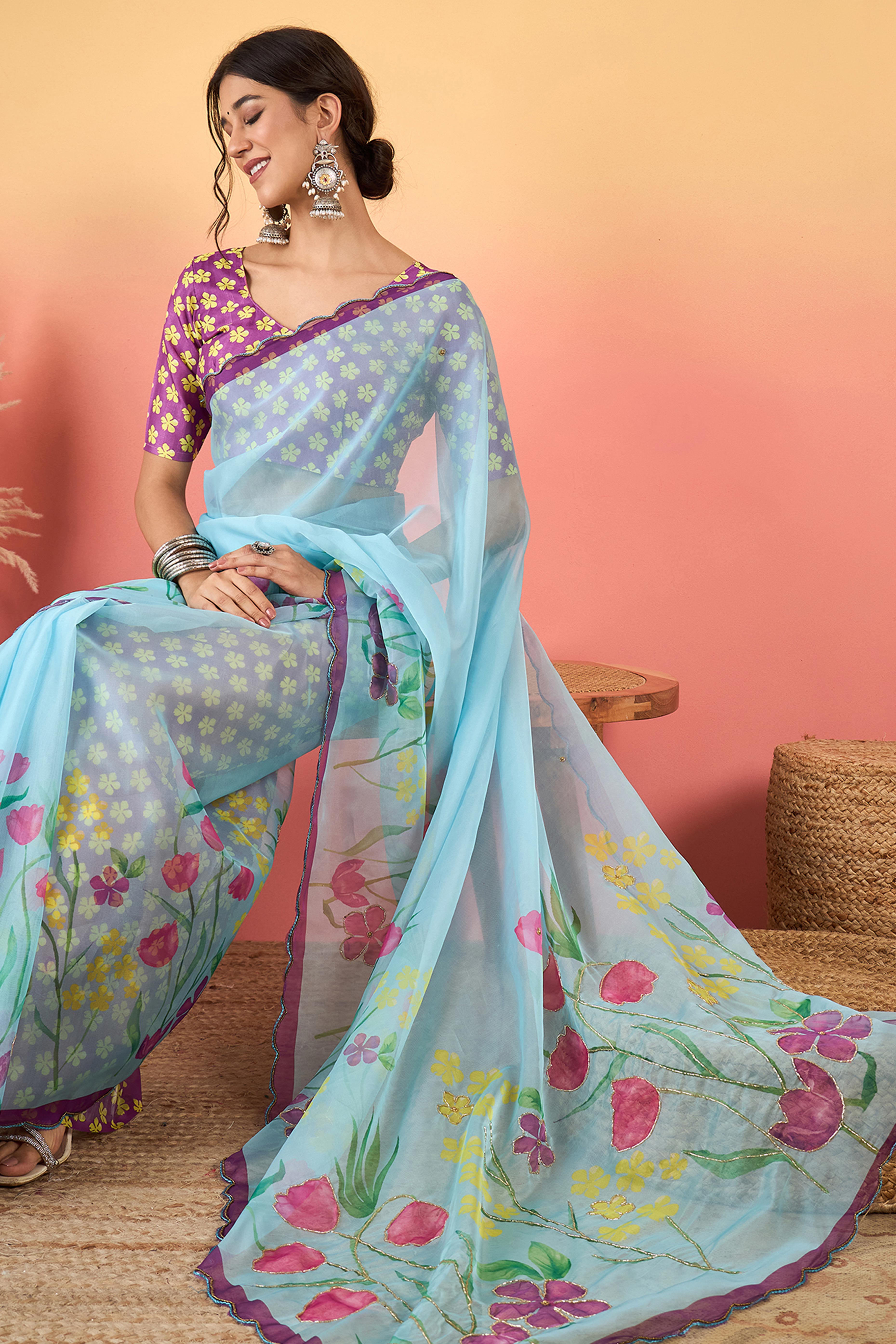 Gorgeous Sky Blue Floral Printed Saree in Sheer Organza Blend Fabric with Handcrafted Beads Work