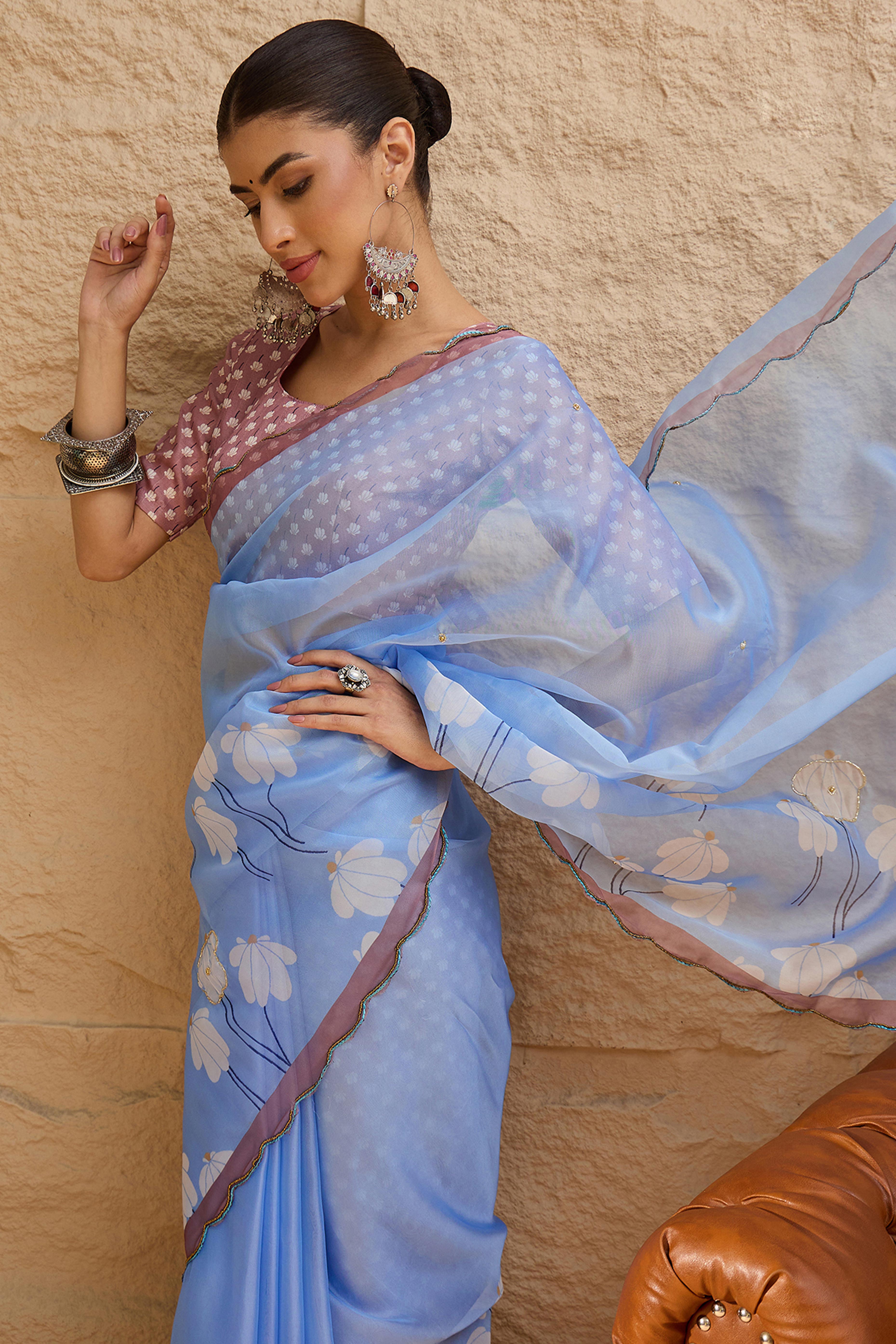 Gorgeous Light Blue Floral Printed Saree in Sheer Organza Blend Fabric with Handcrafted Beads Work