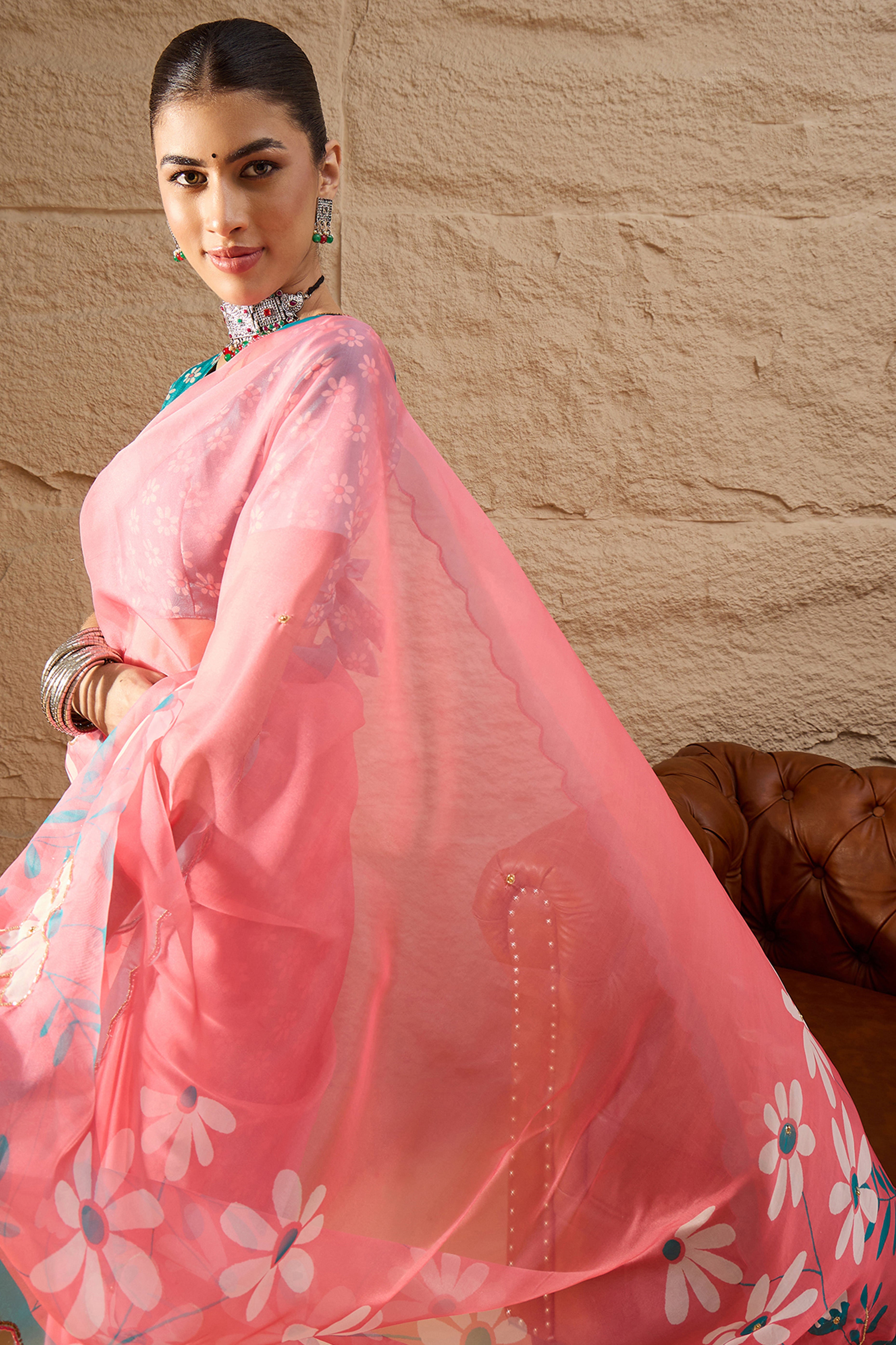 Pink Floral Printed Saree in Sheer Organza Blend Fabric with Handcrafted Beads Work
