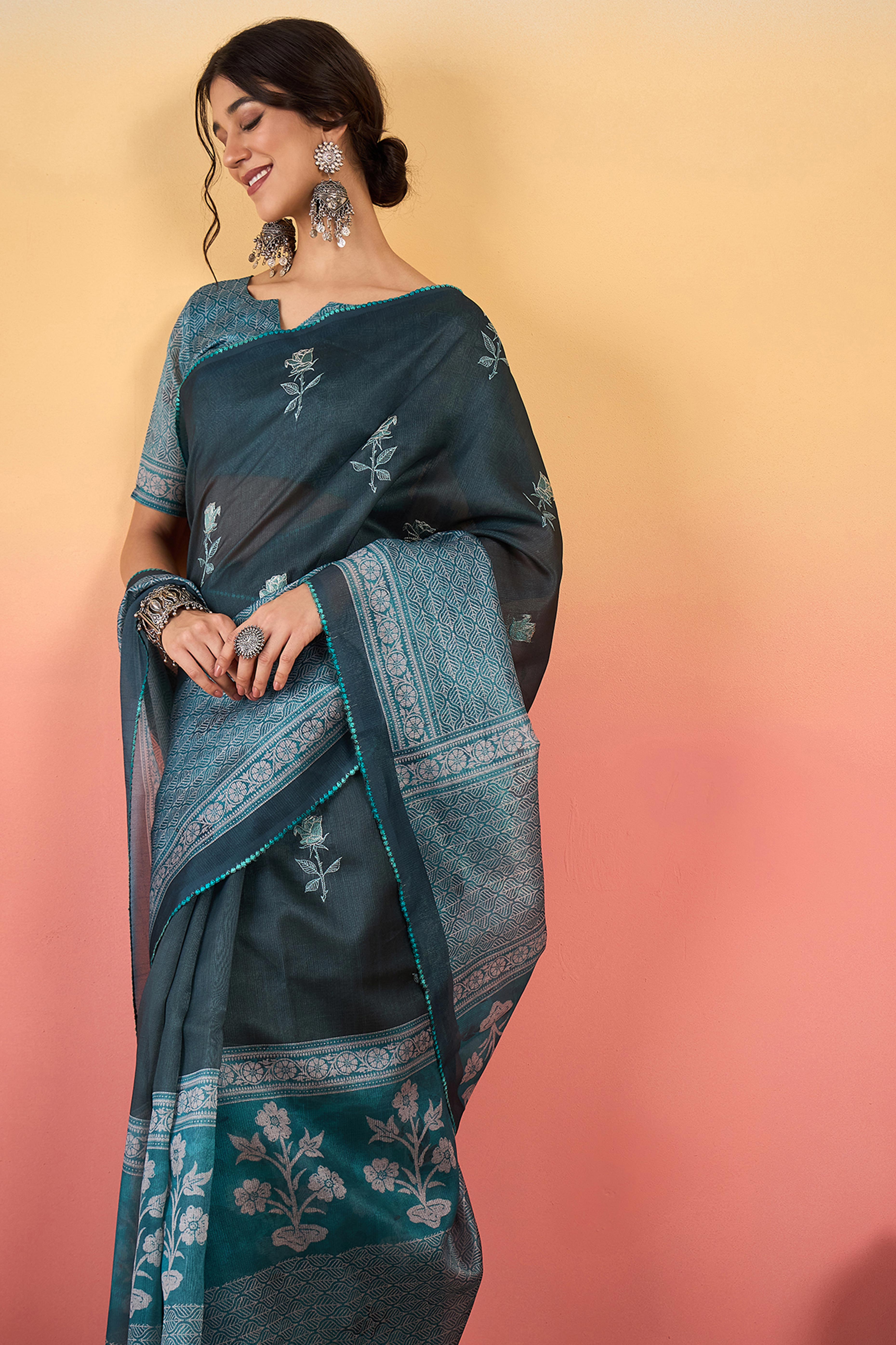 Teal Floral Embroidered Saree Made from Premium Lightweight Silk Blend Material