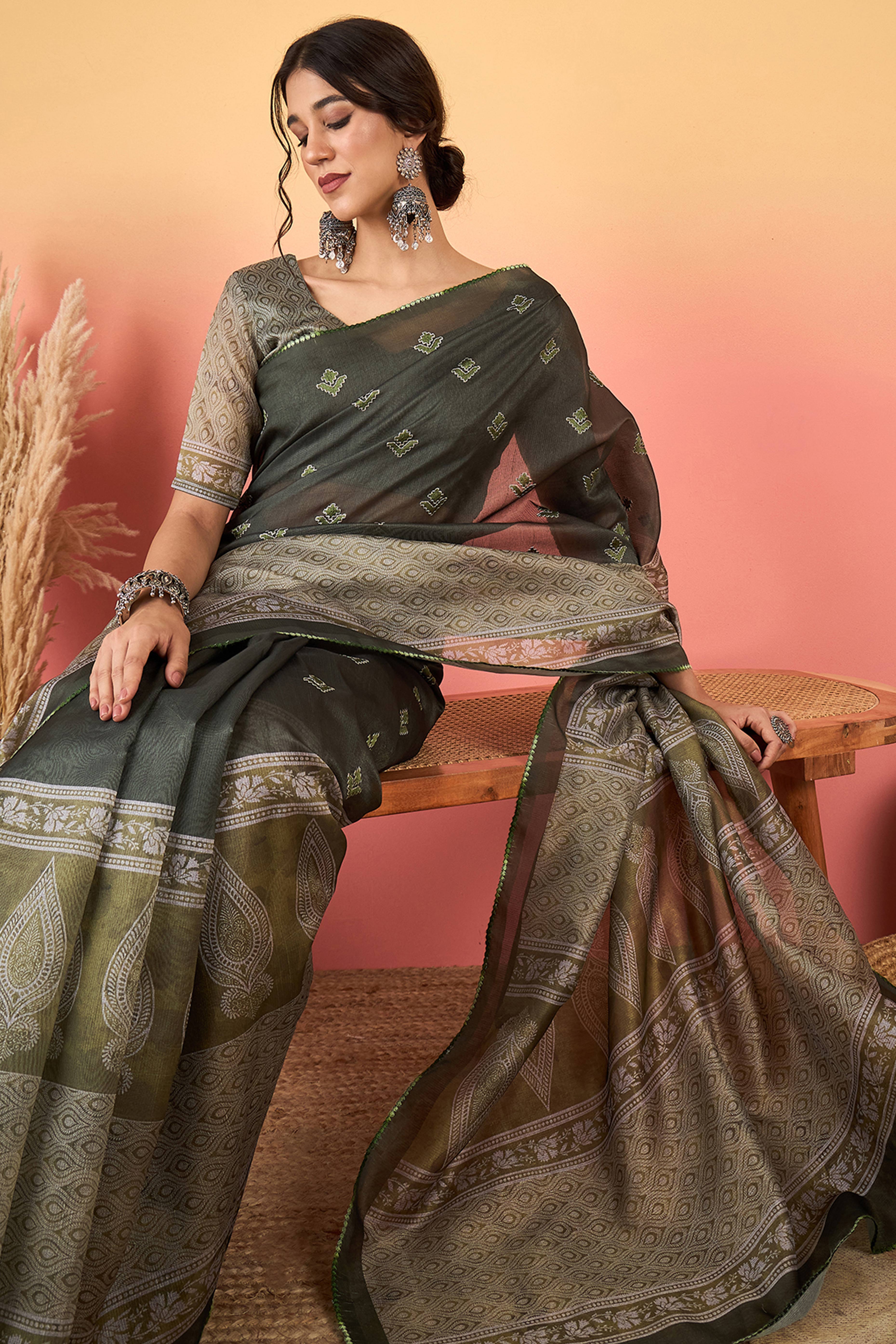 Mehendi Green Floral Embroidered Saree Made from Premium Lightweight Silk Blend Material