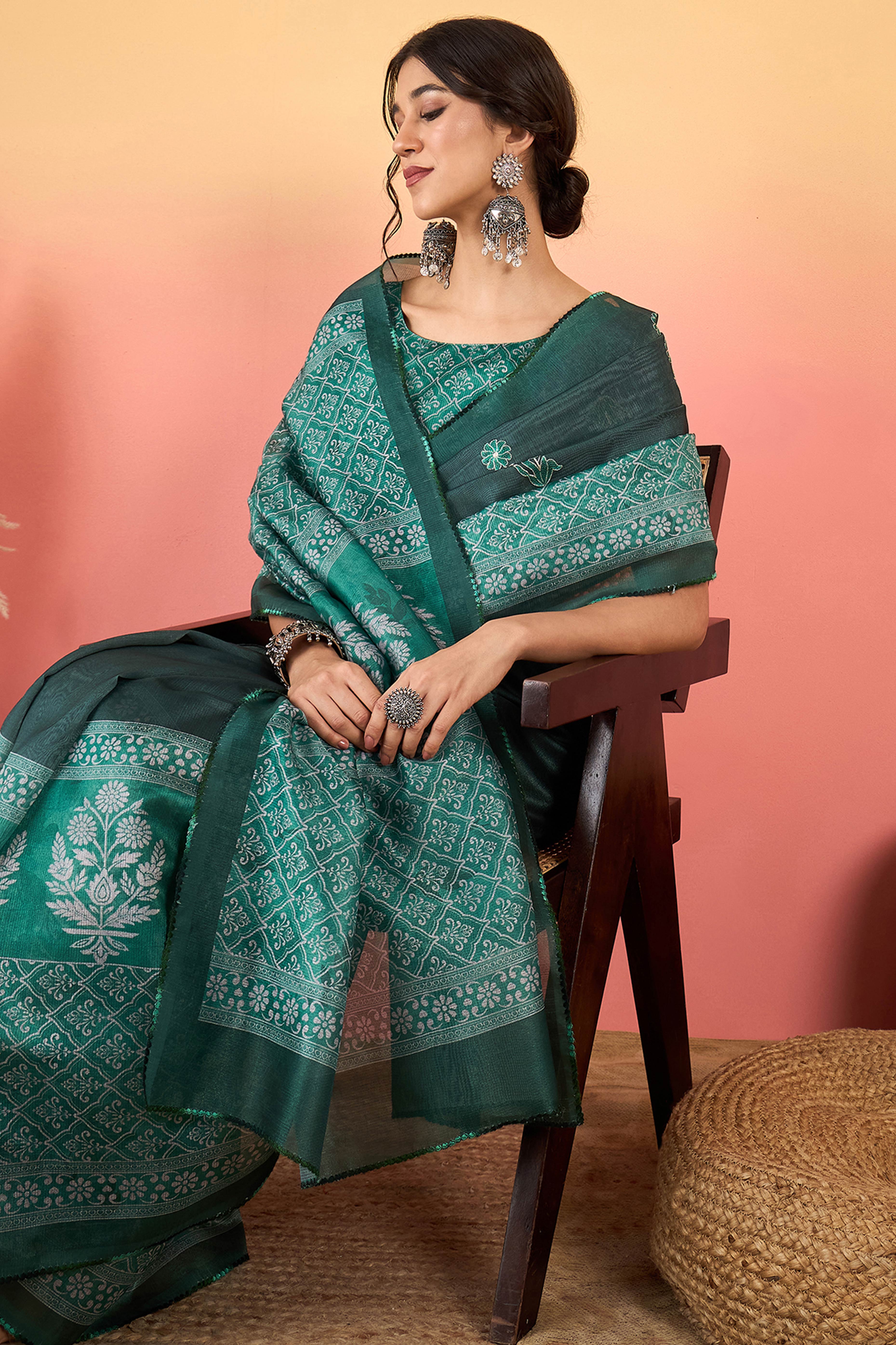 Green Floral Embroidered Saree Made from Premium Lightweight Silk Blend Material