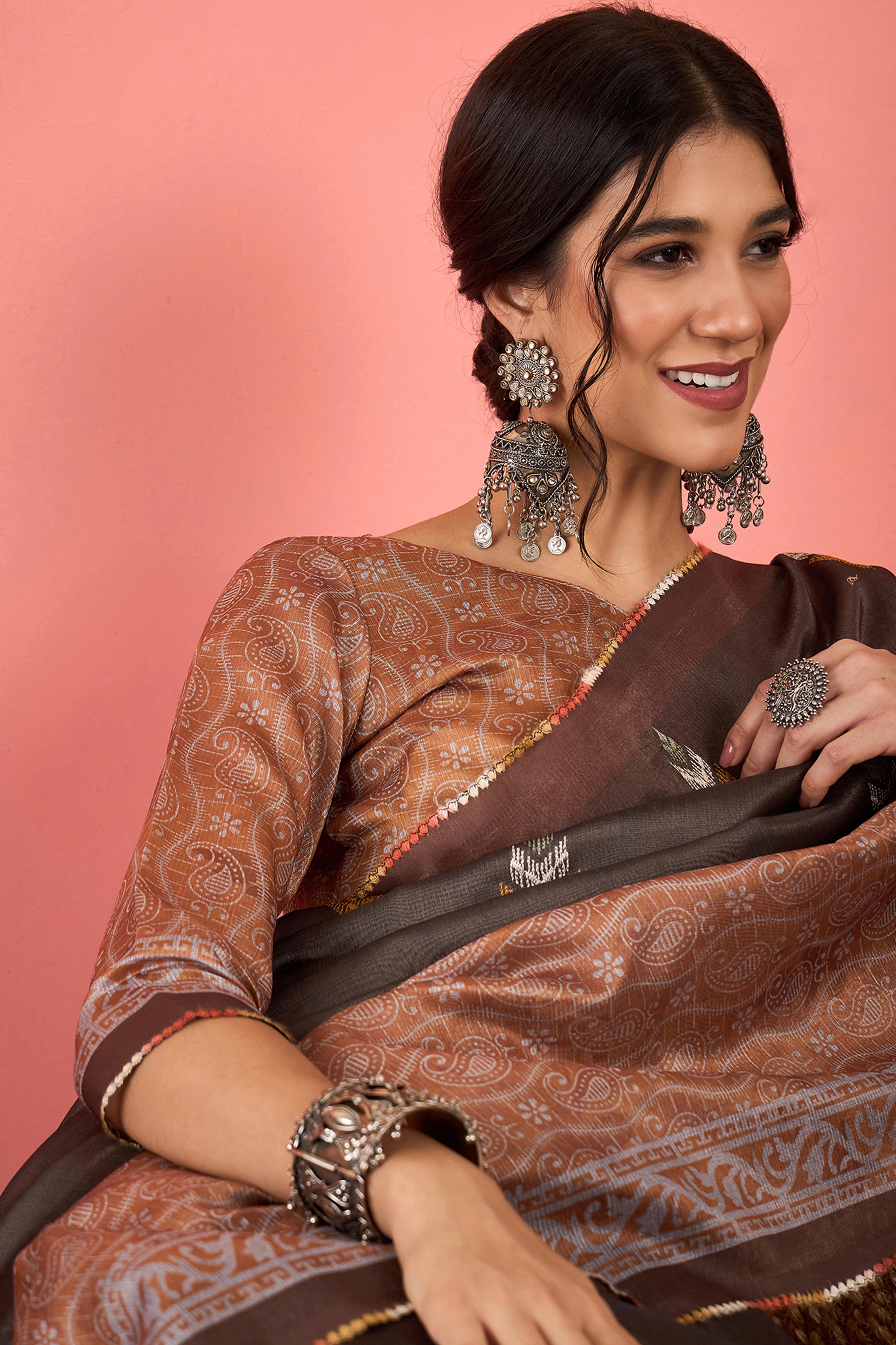 Brown Floral Embroidered Saree Made from Premium Lightweight Silk Blend Material