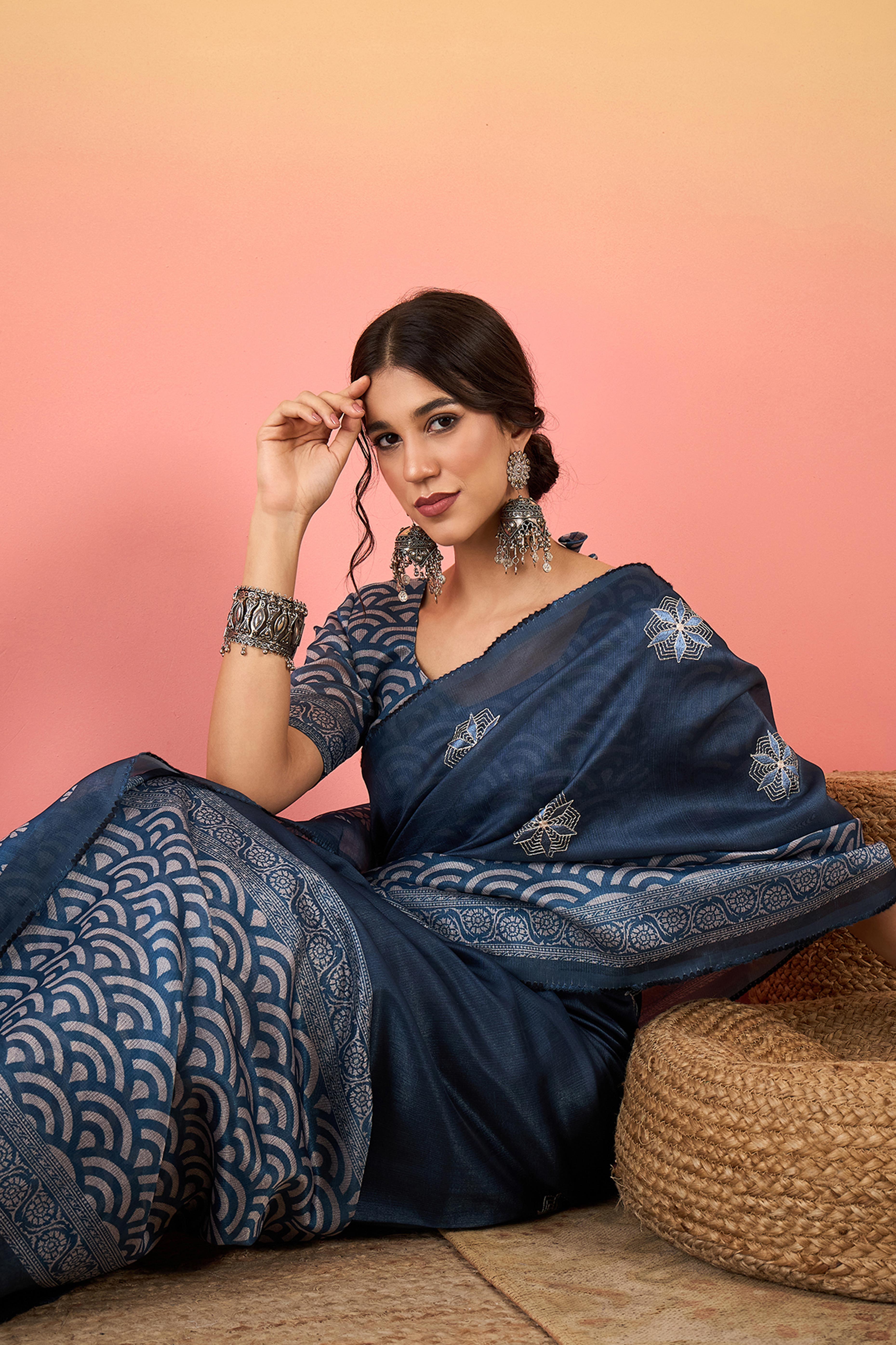 Navy Blue Floral Embroidered Saree Made from Lightweight Silk Blend Material