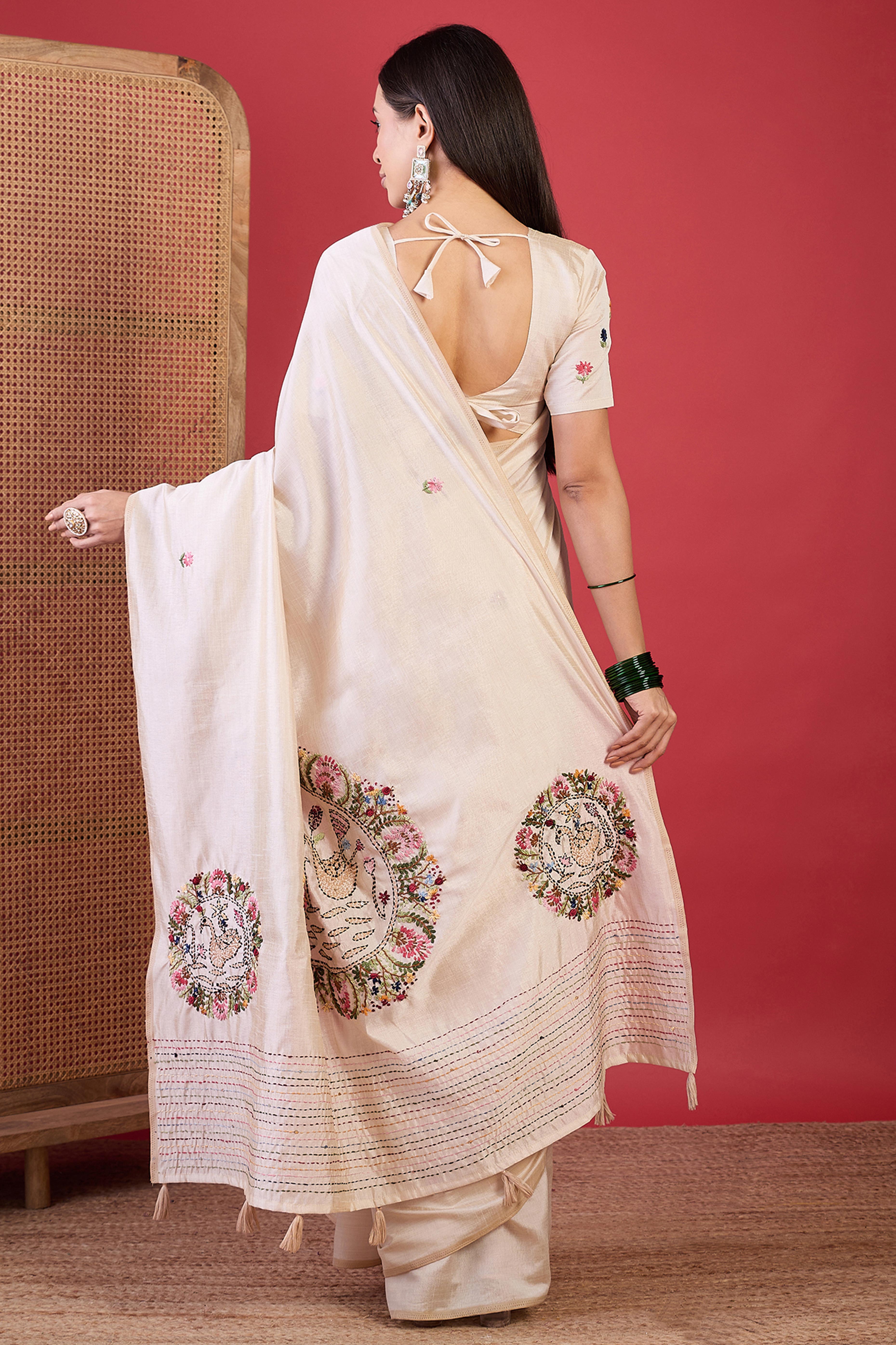 Cream Tussar Silk Festive Saree Featuring Intricate Thread Work