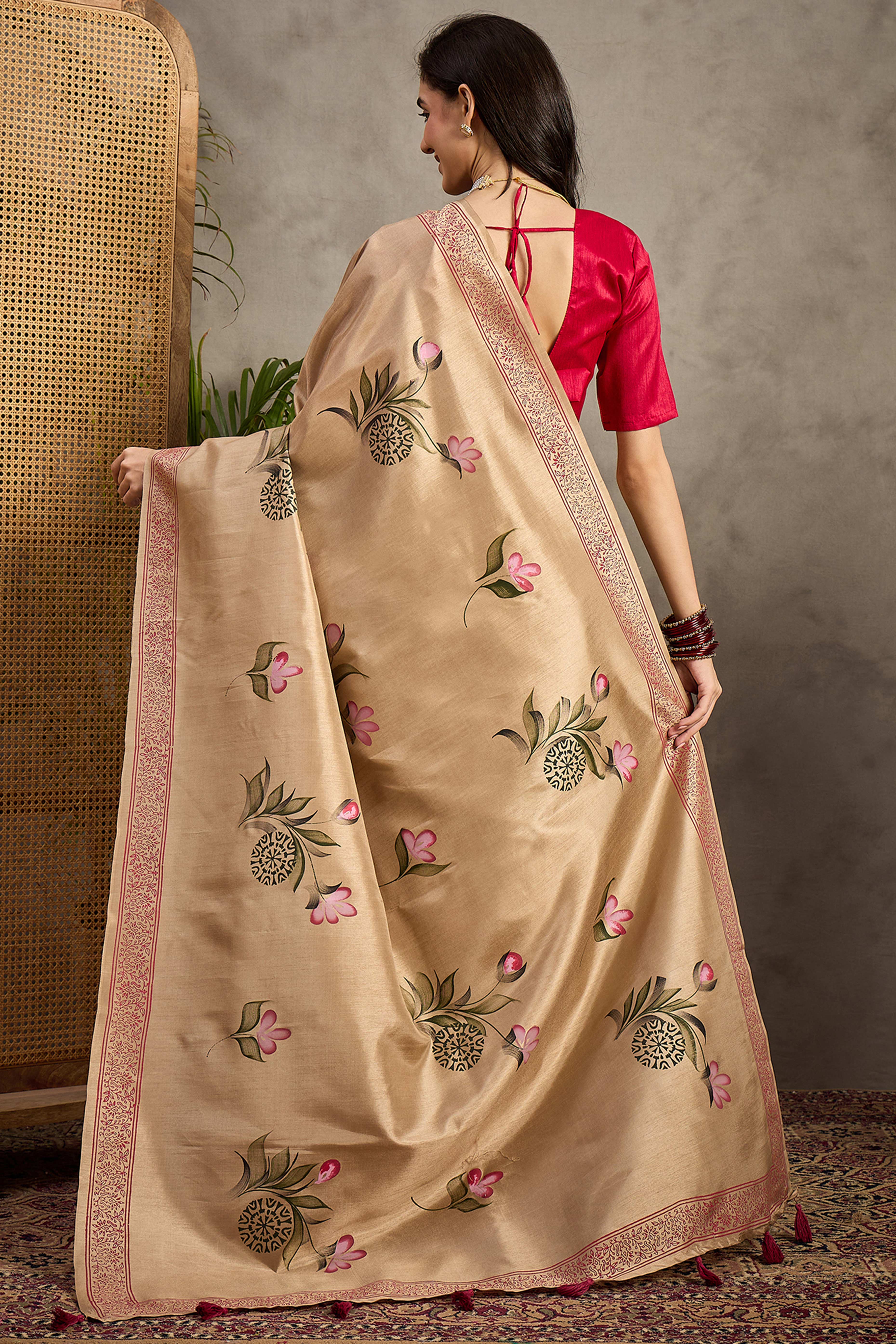 Beige Botanical Print Kozi Cotton Silk Saree Embellished With Elegant Tassel Edges