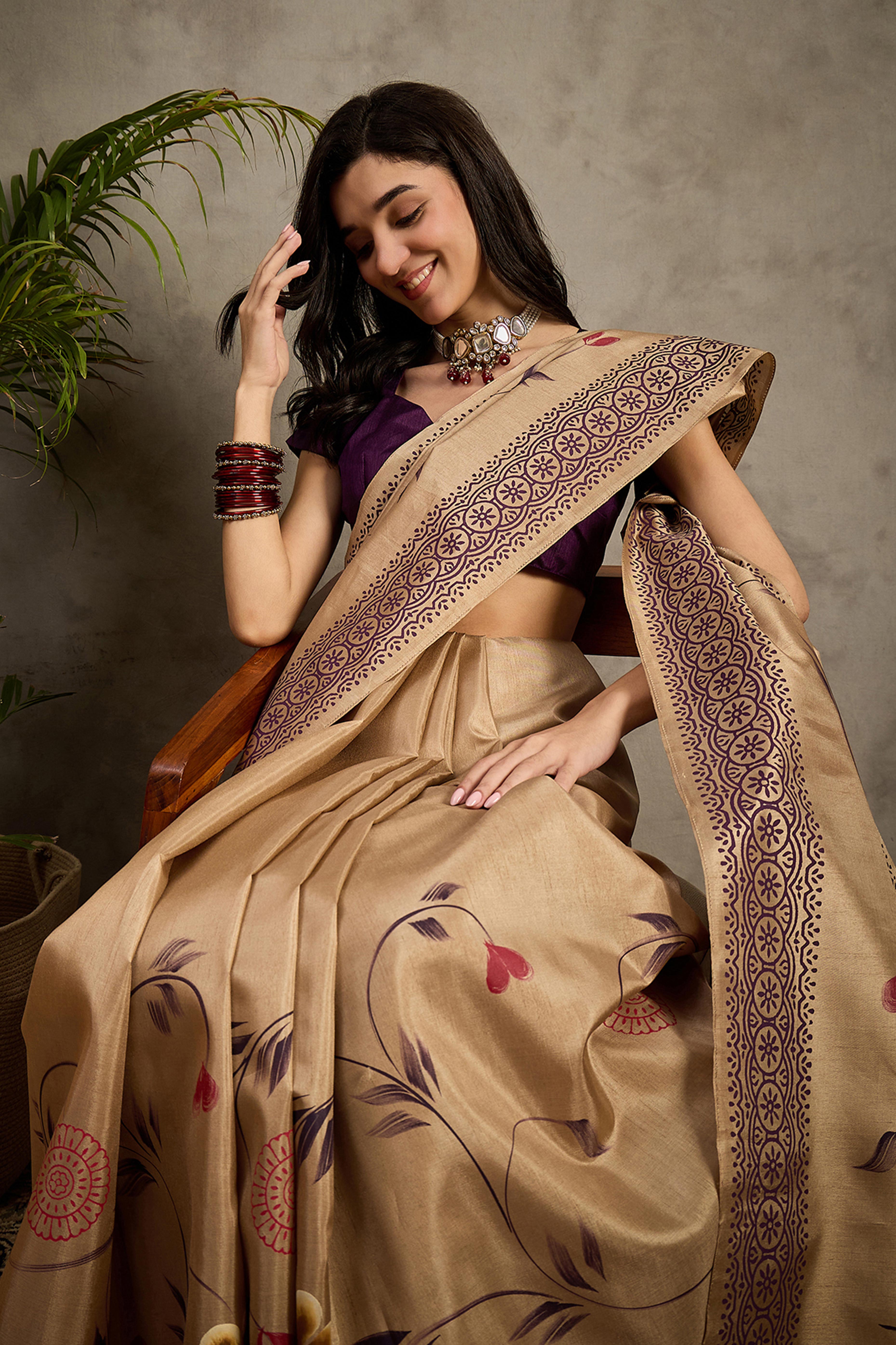 Classic Beige Floral Printed Kozi Cotton Silk Saree With Chic Tassel Embellishment Pallu