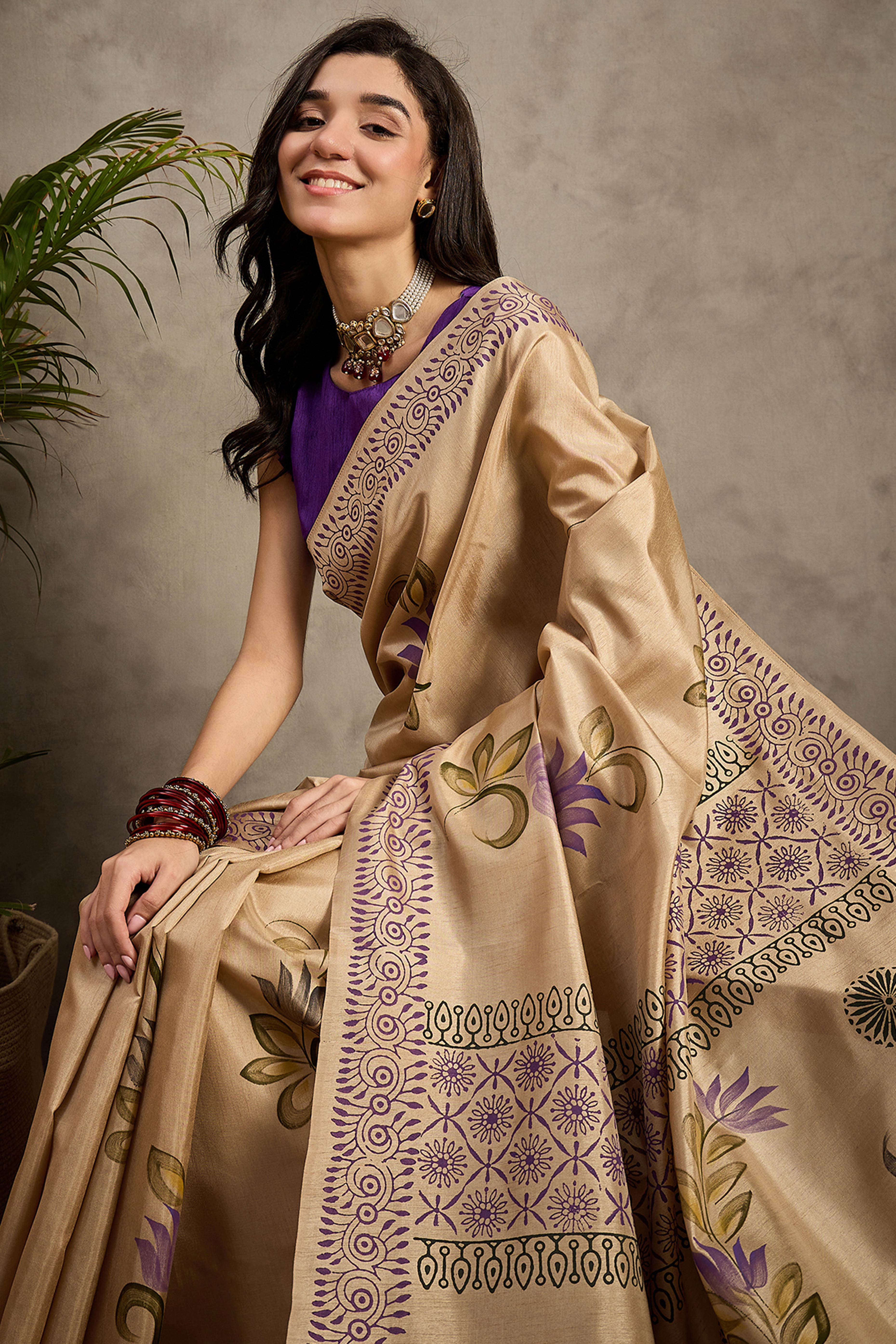 Timeless Beige Floral Printed Kozi Cotton Silk Saree Enhanced With Playful Tassel Pallu