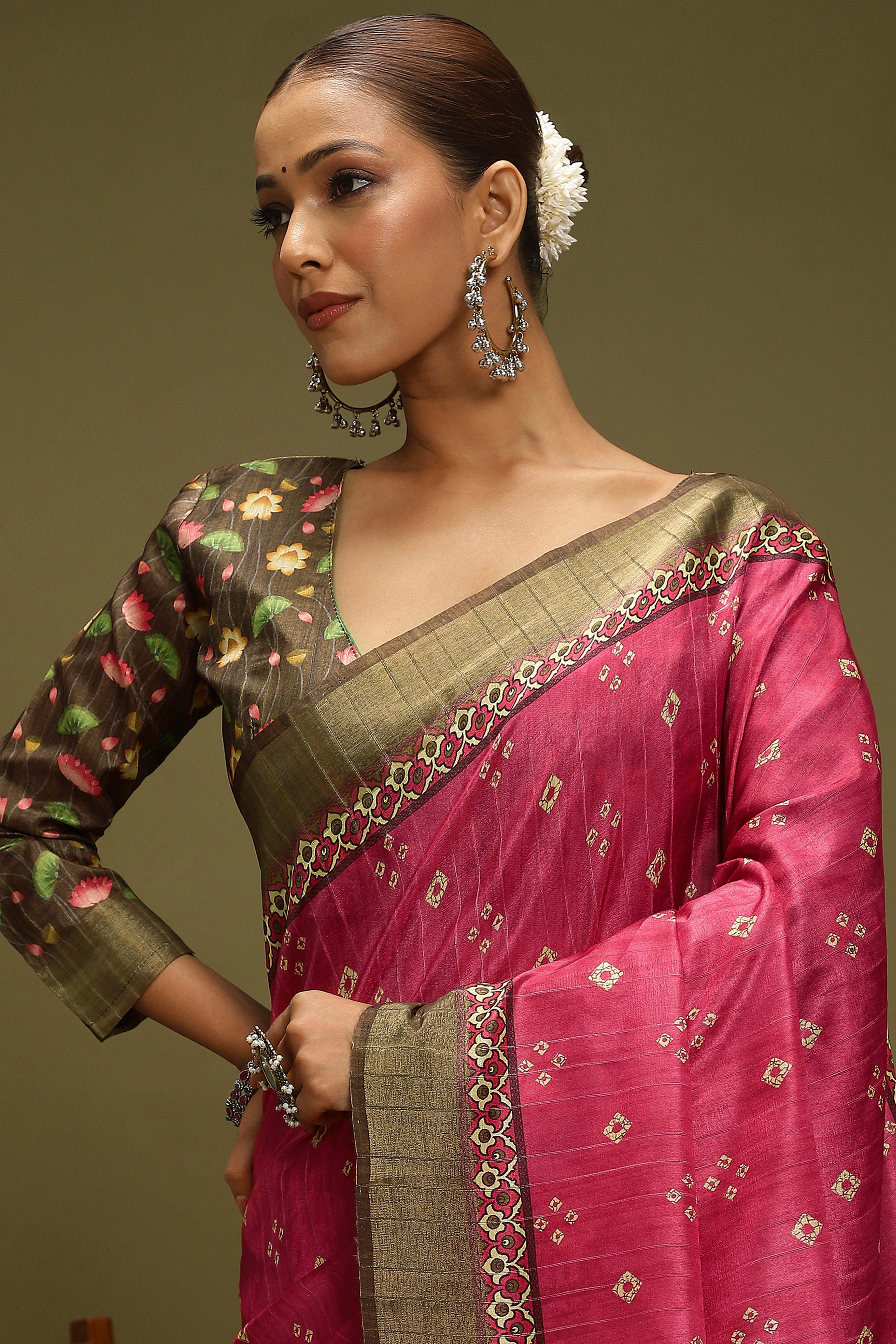 Dark Pink Silk Blend Saree Decorated with Vibrant Bandhani Prints and Festive Detailing