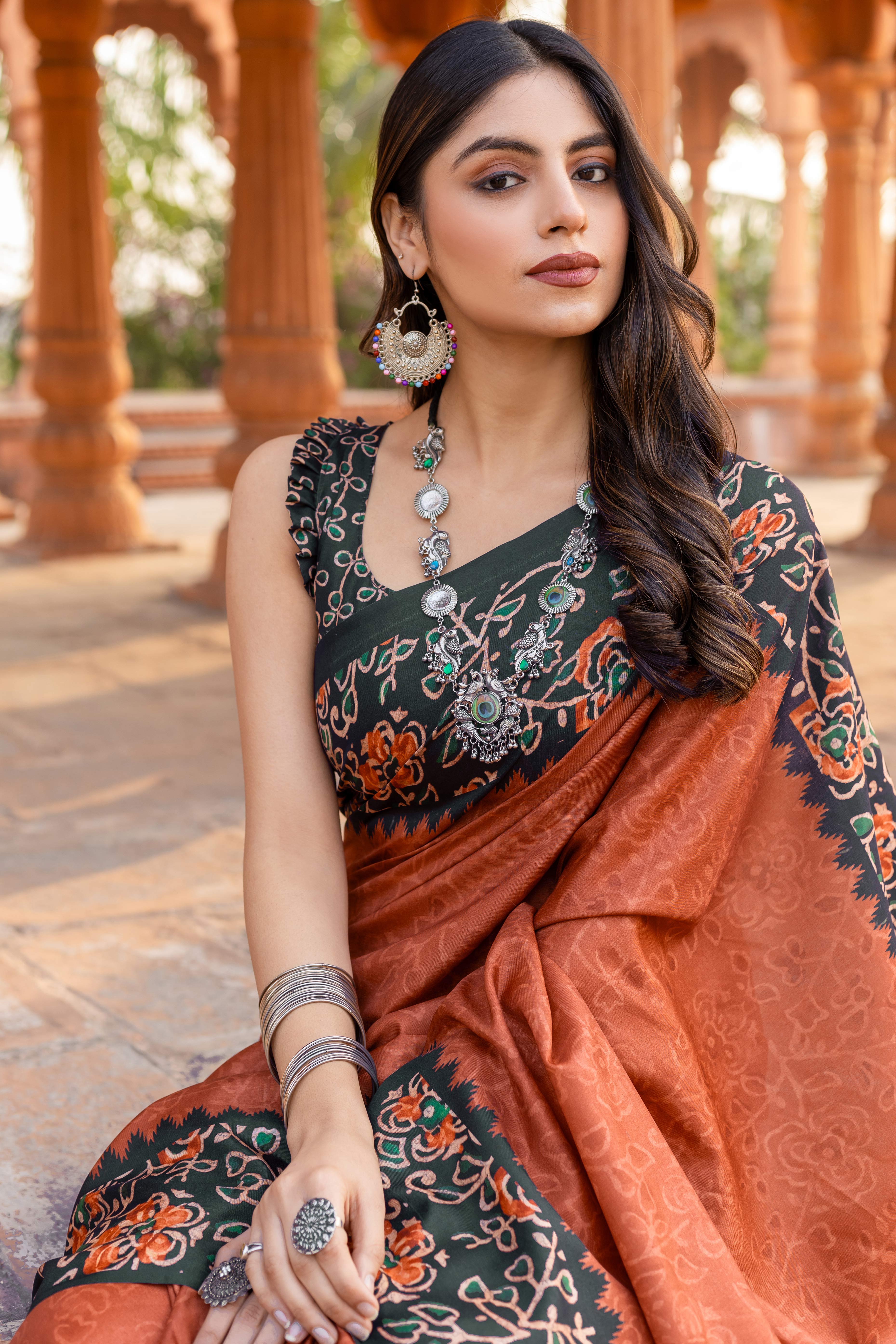 Graceful Rust Floral Printed Manipuri Cotton Silk Saree Showcasing Timeless Elegance