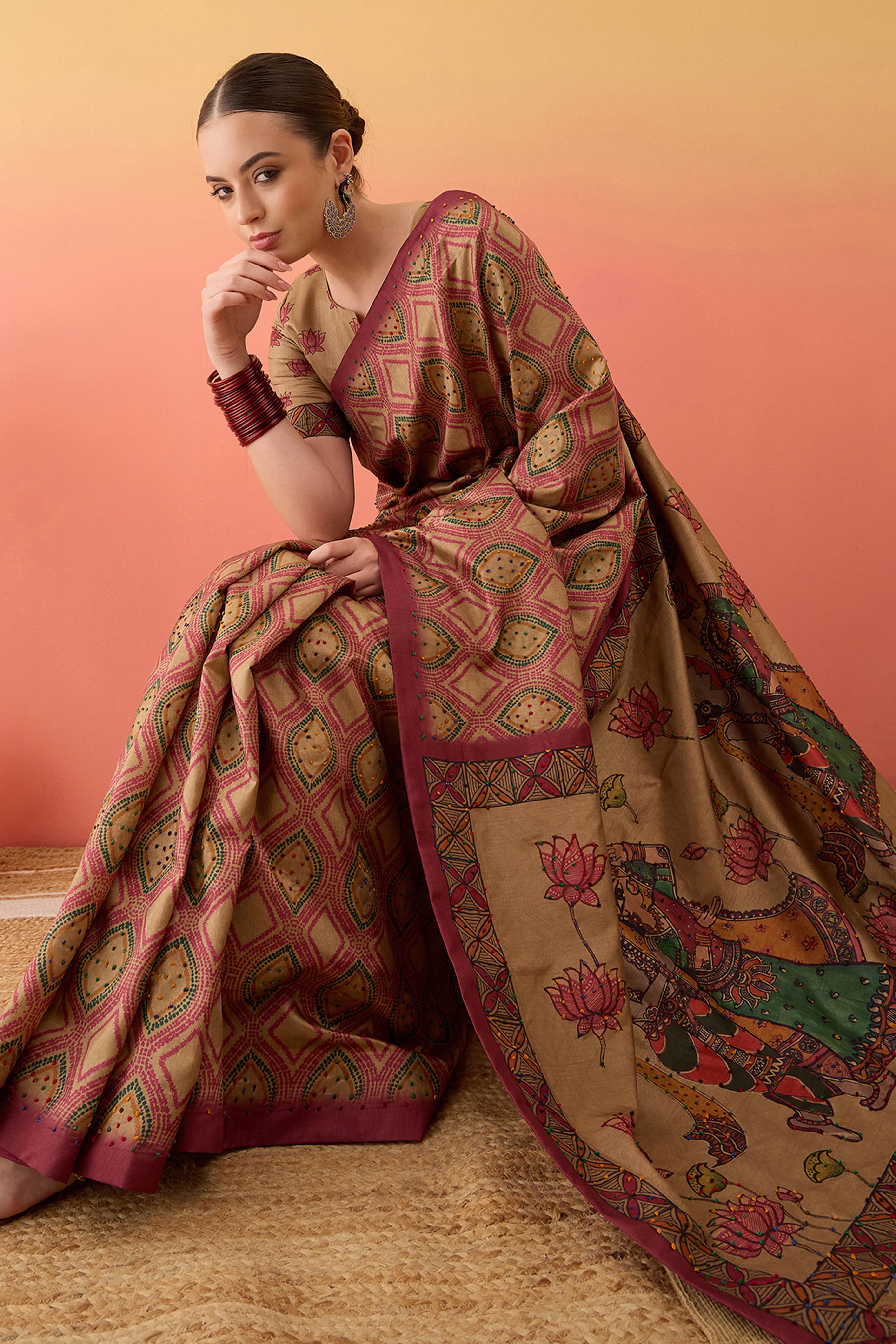 Beige Kalamkari Style Printed Cotton Silk Saree Knot Work Tassels Ethnic Wear