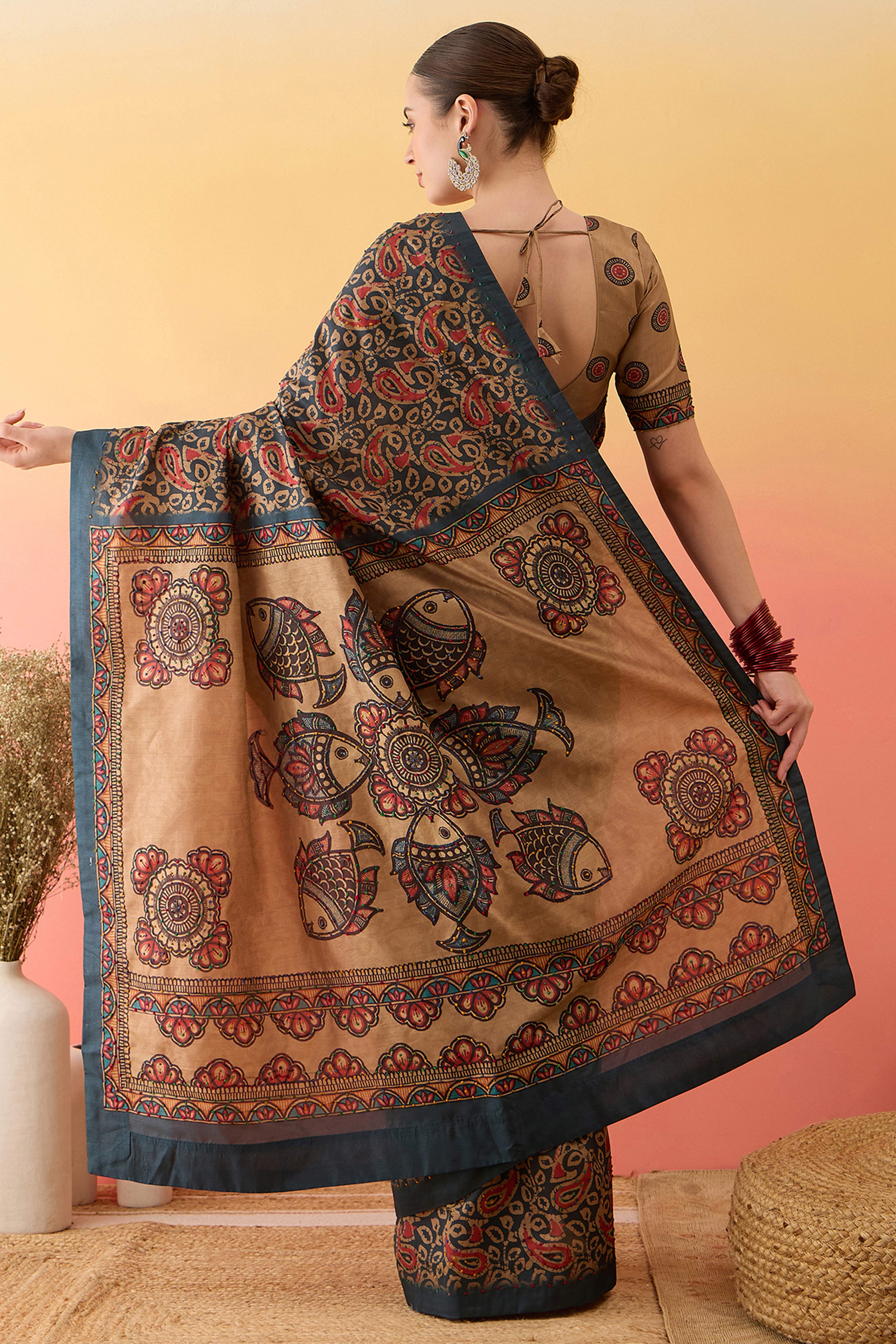 Grey Printed Kalamkari Cotton Silk Saree Exquisite Knot Work Detailing Ethnic Charm