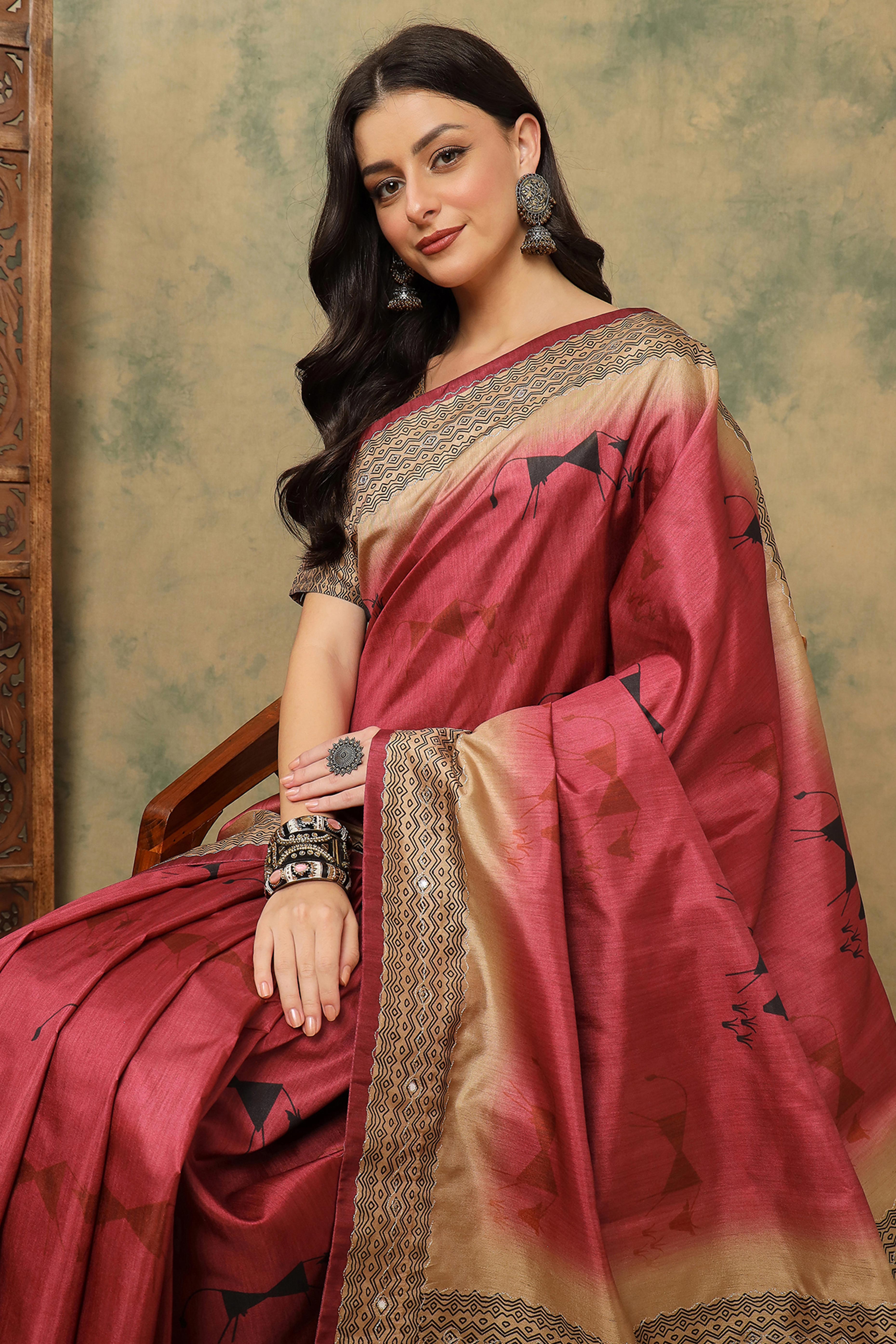 Red Warli Folk Art Printed Cotton Silk Saree Flowy Drape Festive Wear
