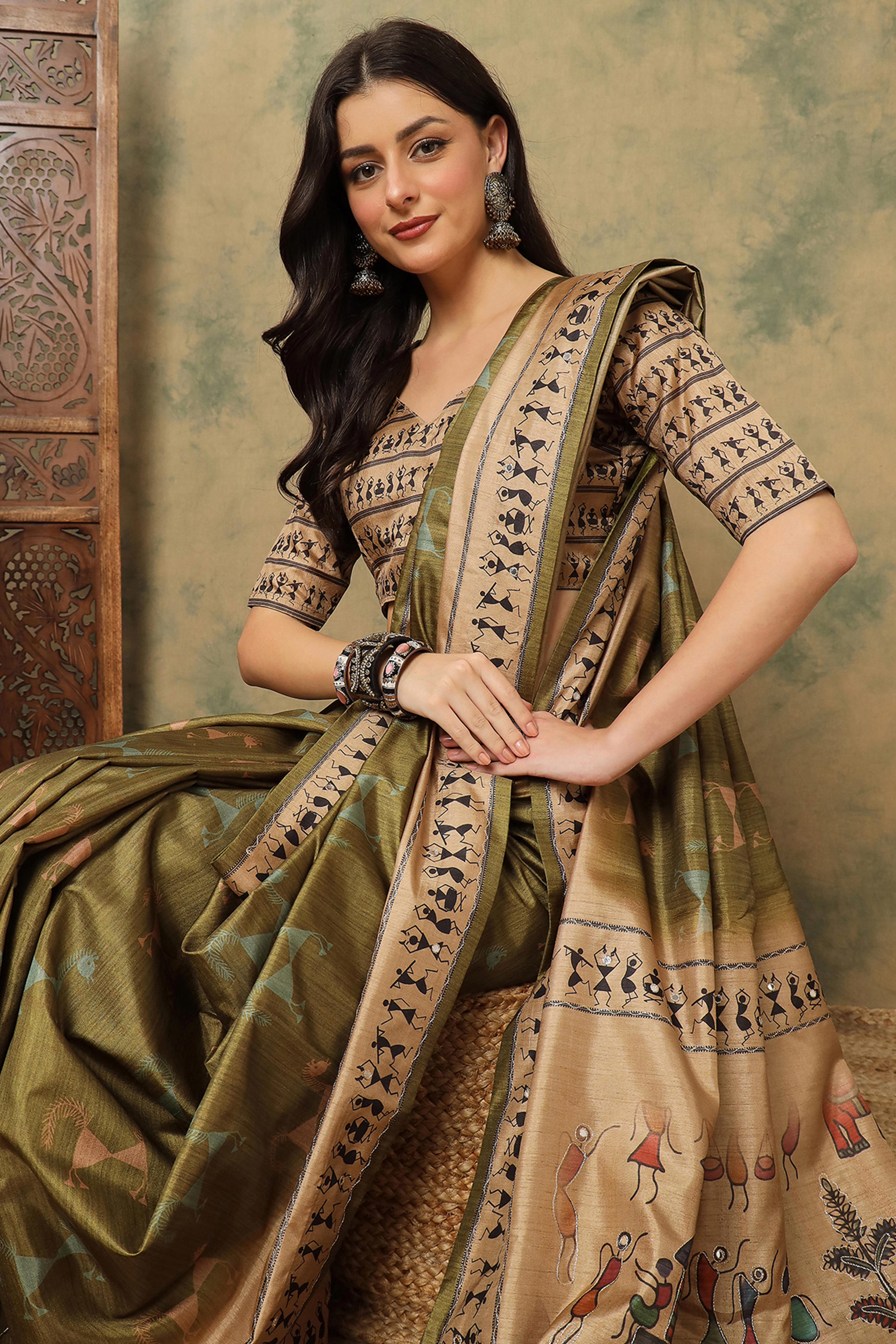 Green Traditional Warli Motifs Cotton Silk Saree Lightweight Ethnic Elegance