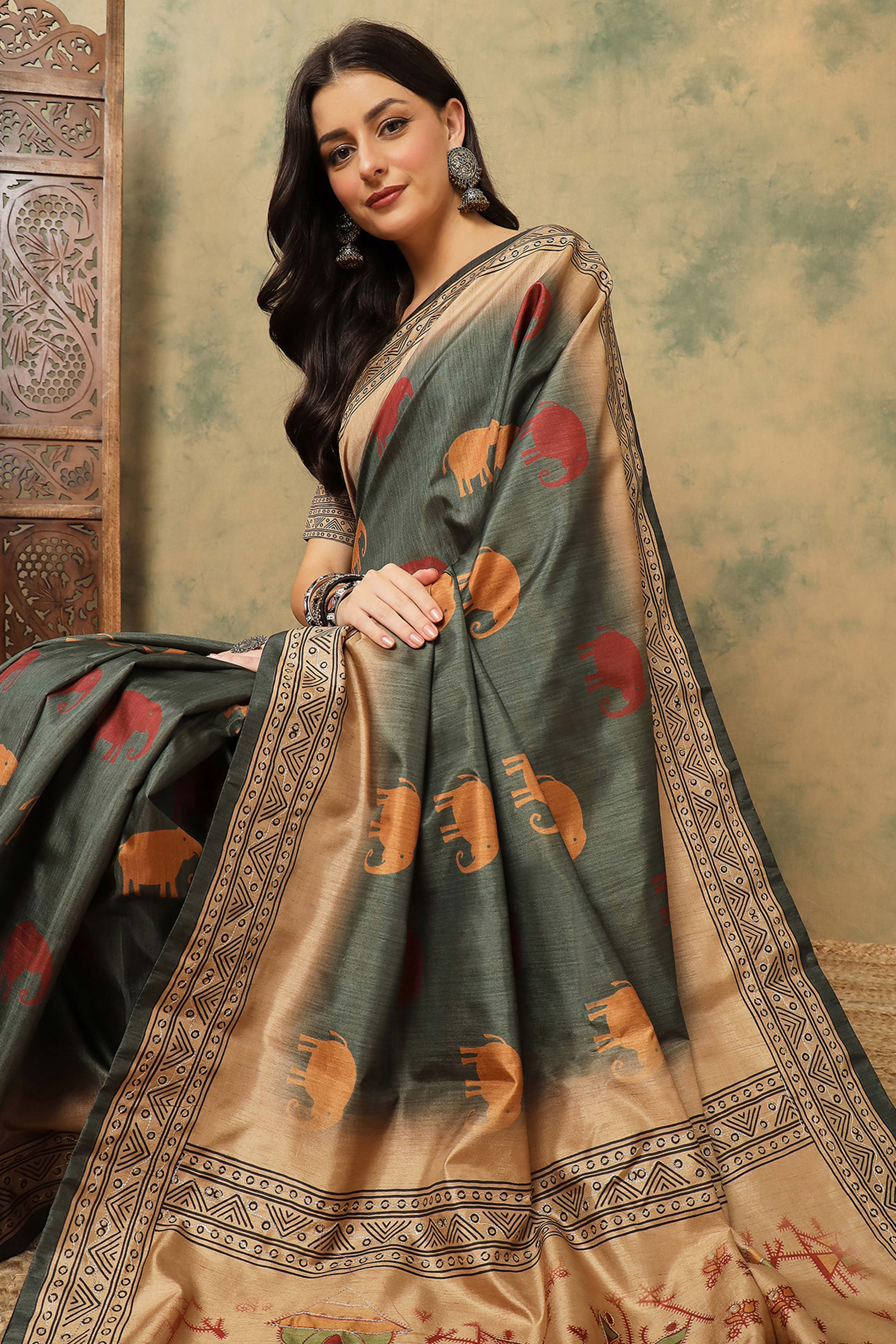 Greyish Green Warli Folk Art Printed Cotton Silk Saree Flowy Drape Festive Wear