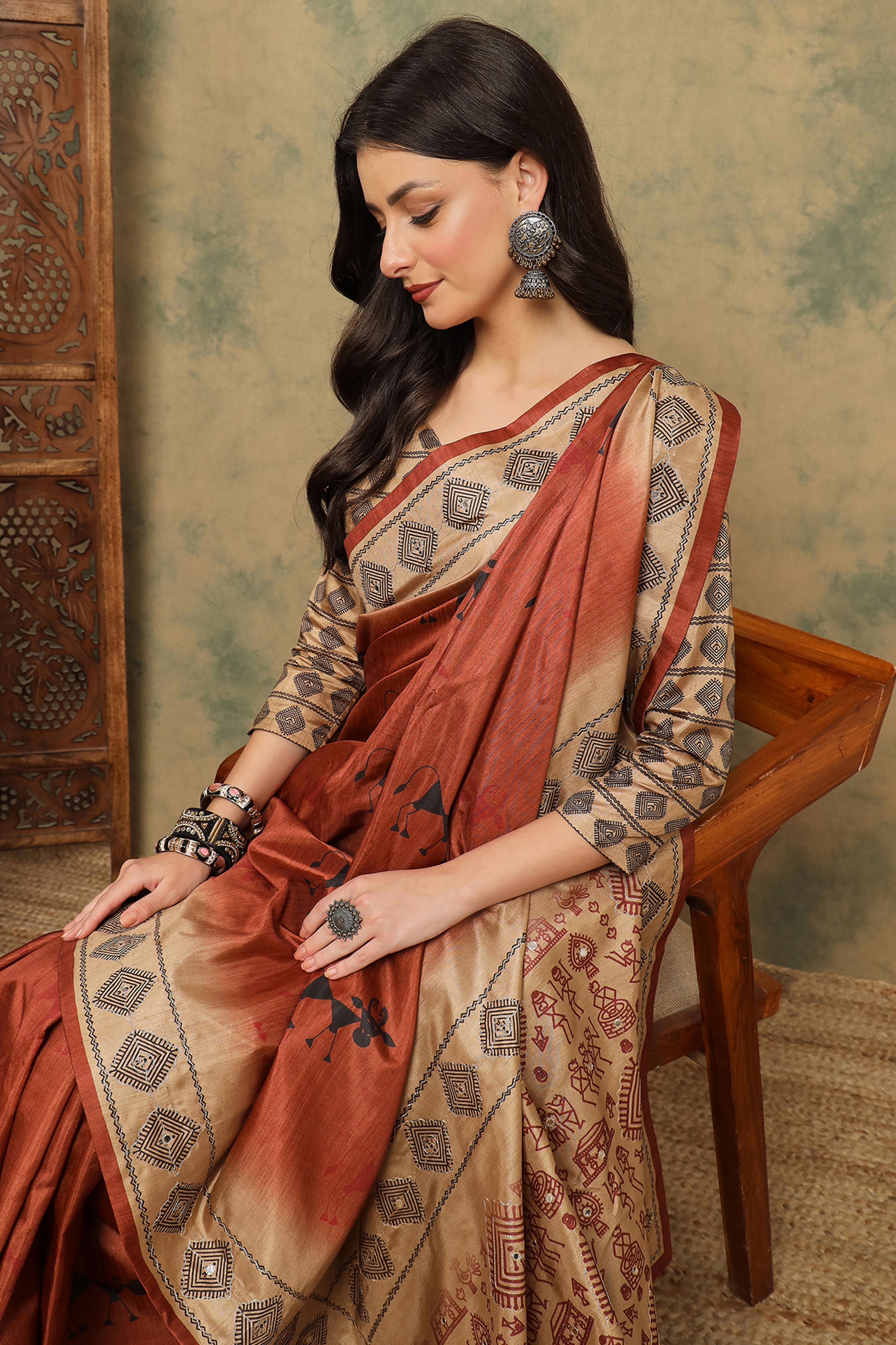 Rust Warli Folk Art Printed Cotton Silk Saree Flowy Drape Festive Wear