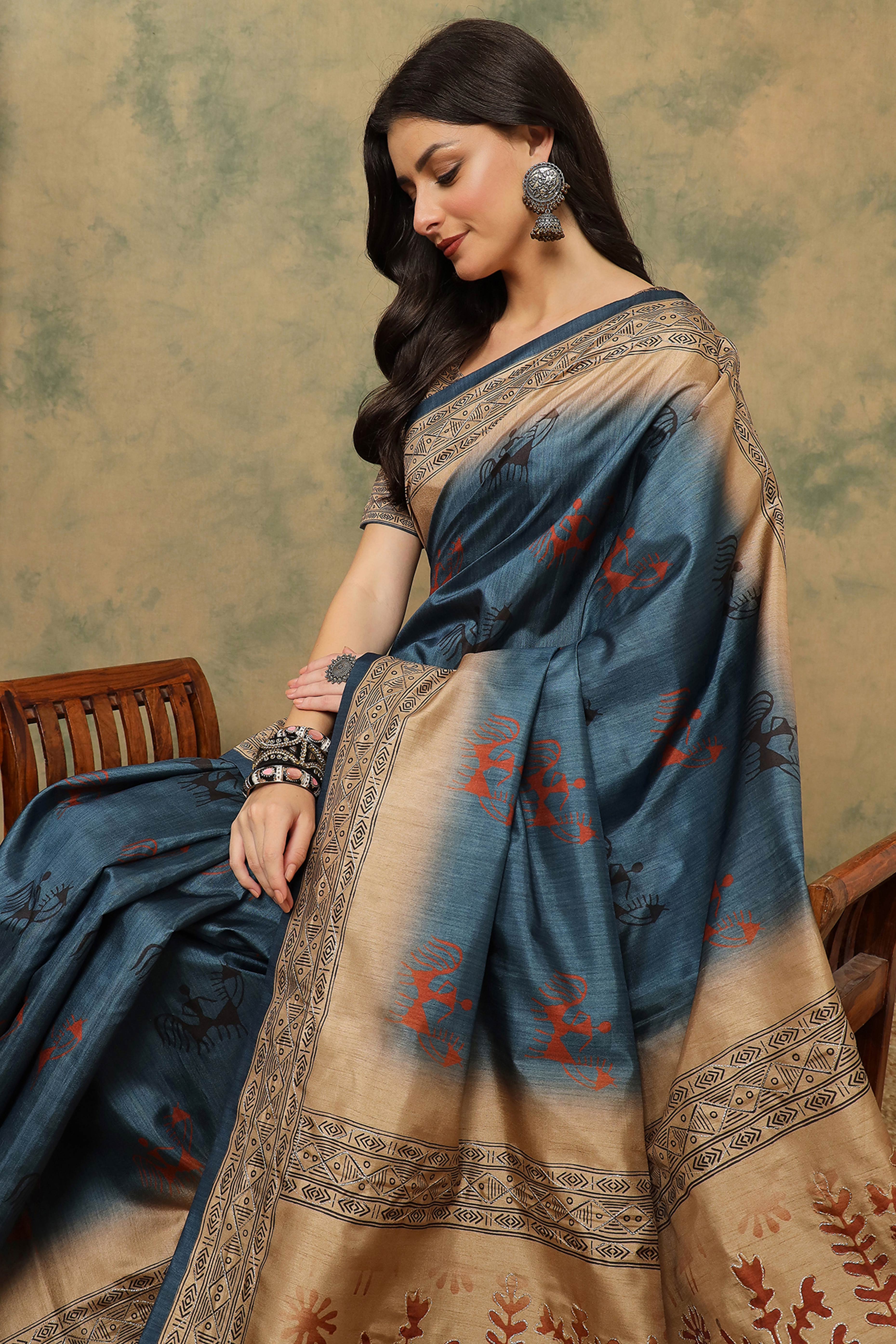 Blue Warli Folk Art Printed Cotton Silk Saree Flowy Drape Festive Wear