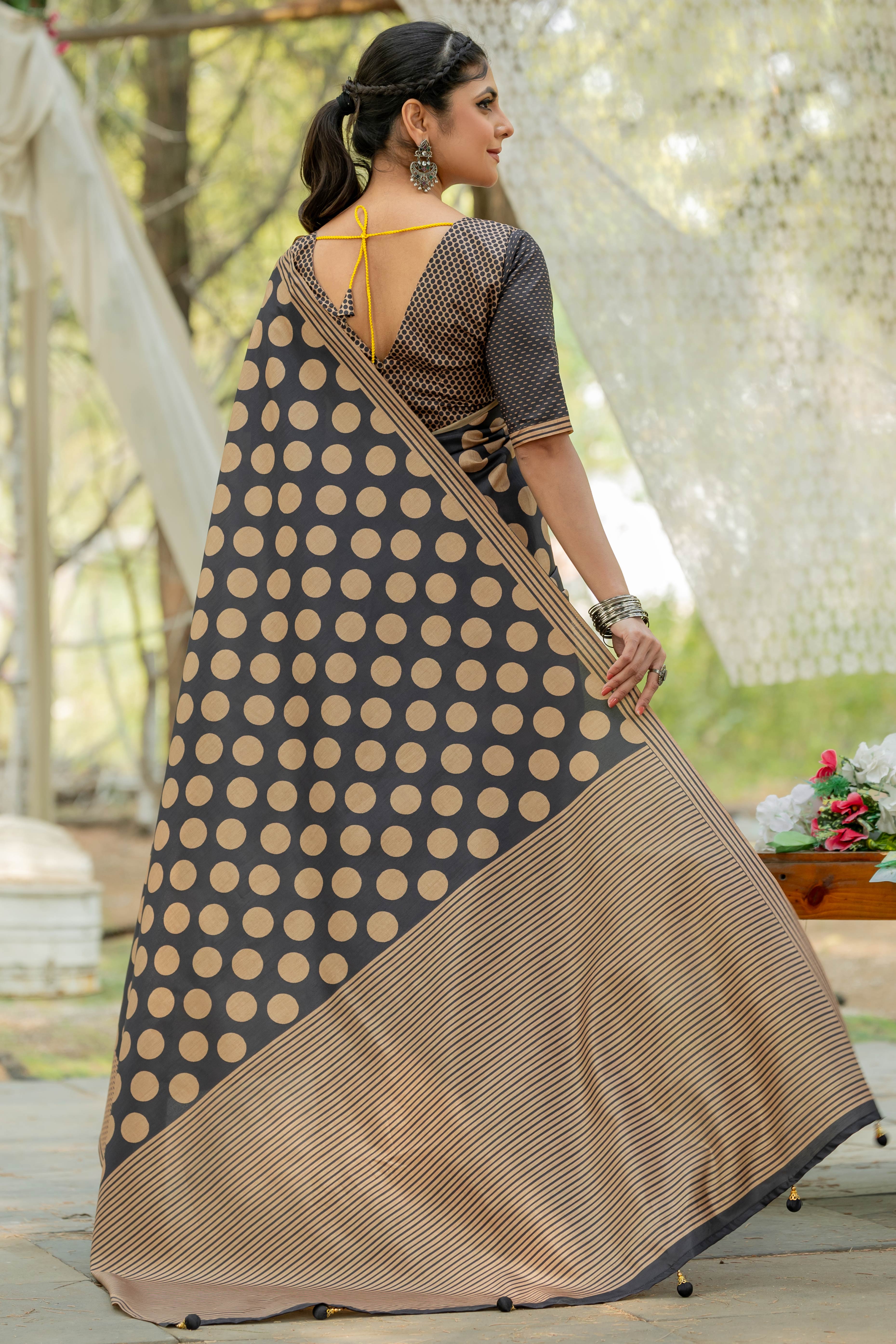 Black Kozi Cotton Silk Saree Showcasing Digital Prints and Soft Tassel Edging