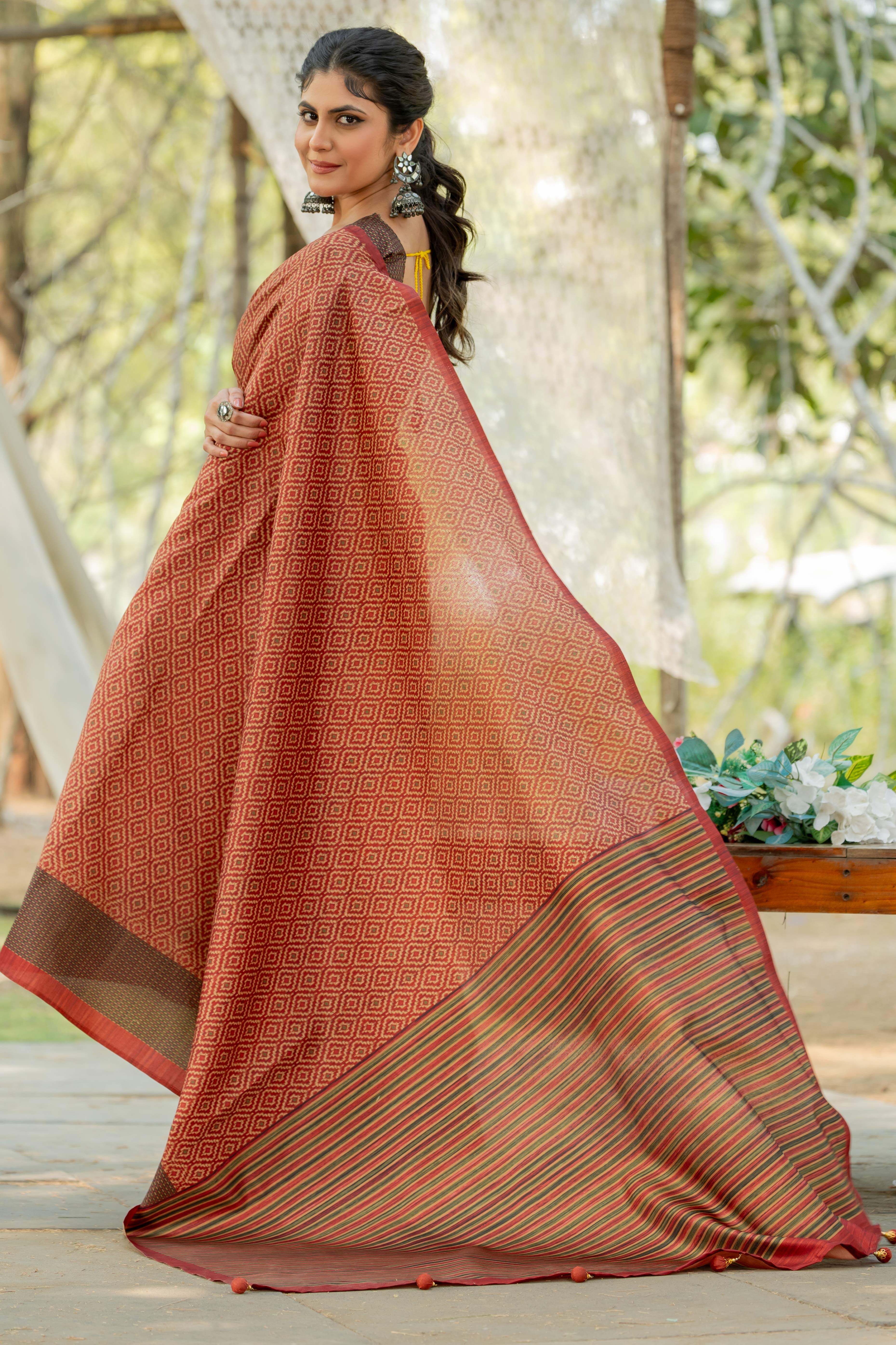 Rust Kozi Cotton Silk Saree Showcasing Digital Prints and Soft Tassel Edging