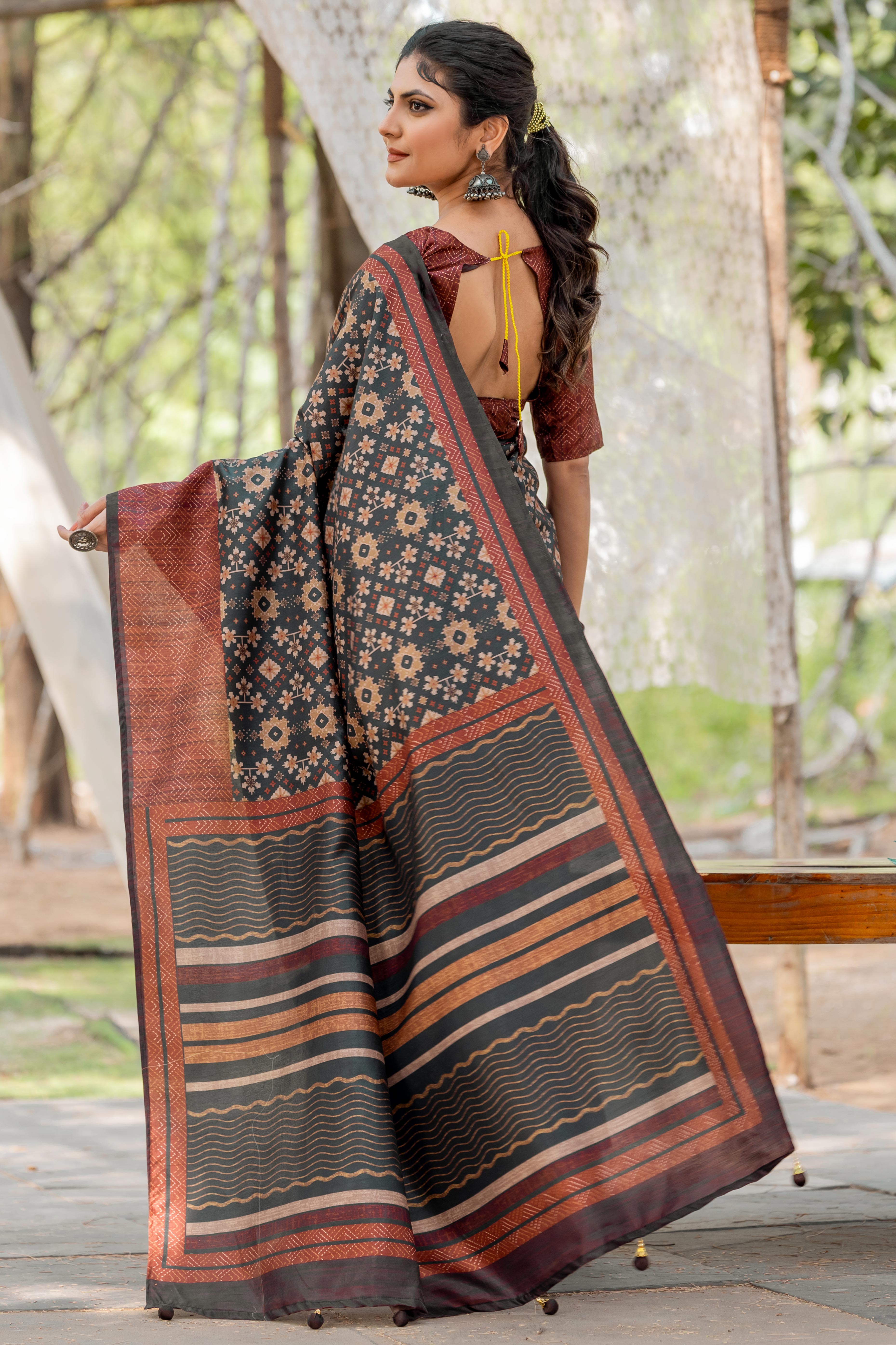 Black Kozi Cotton Silk Saree With Digital Prints and Soft Tassel Edging