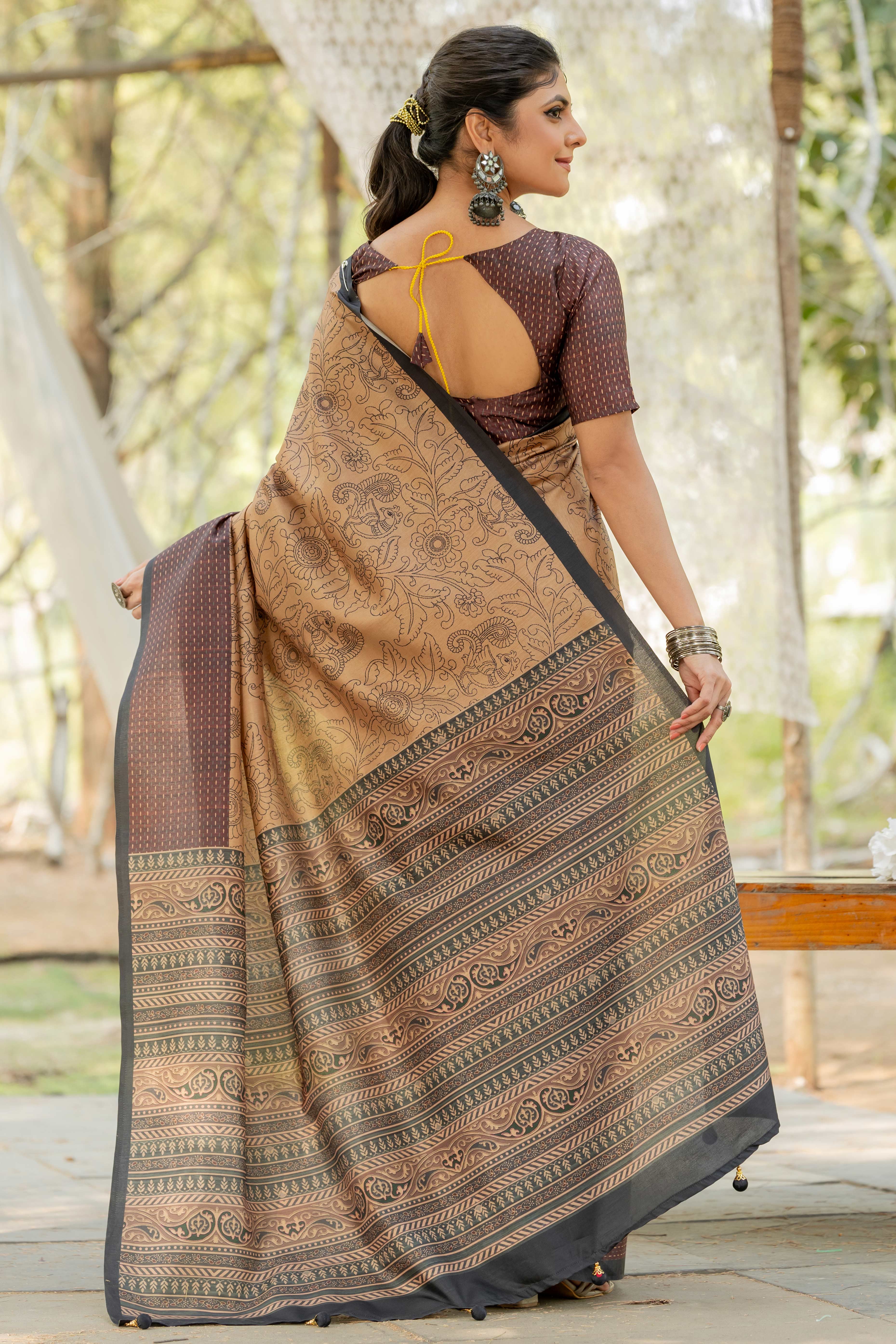 Beige Kozi Cotton Silk Saree Showcasing Digital Prints and Soft Tassel Edging