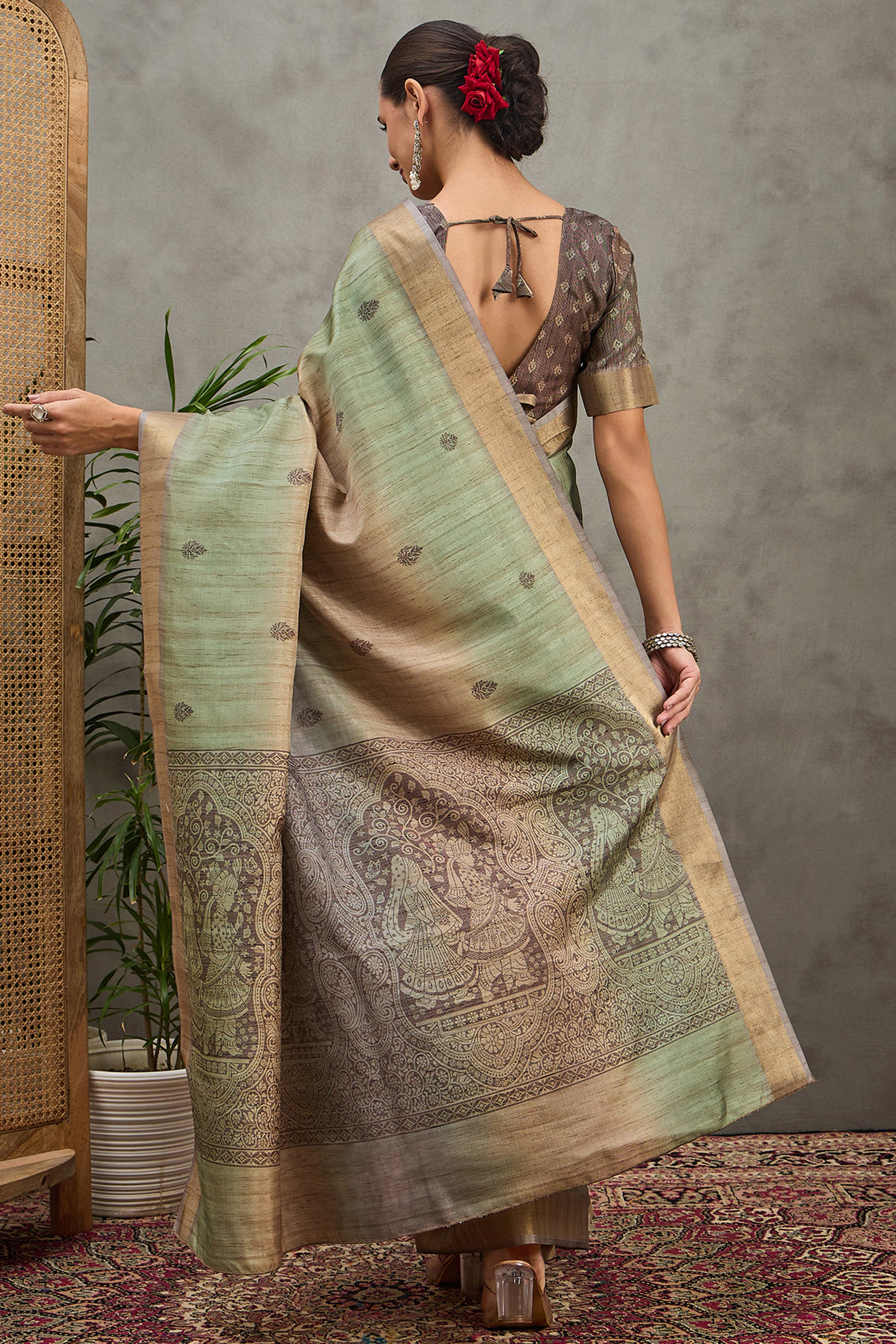 Pista Green Festive Wear Art Silk Saree Featuring Intricate Floral Weaving